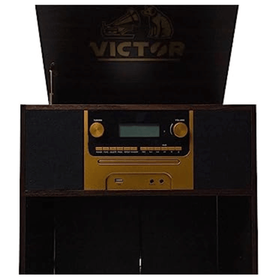 Victor Boyleston 7-in-1 3-Speed Turntable Music Center w Album Storage and USB Port