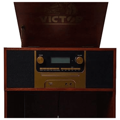 Victor Boyleston 7-in-1 3-Speed Turntable Music Center w Album Storage and USB Port