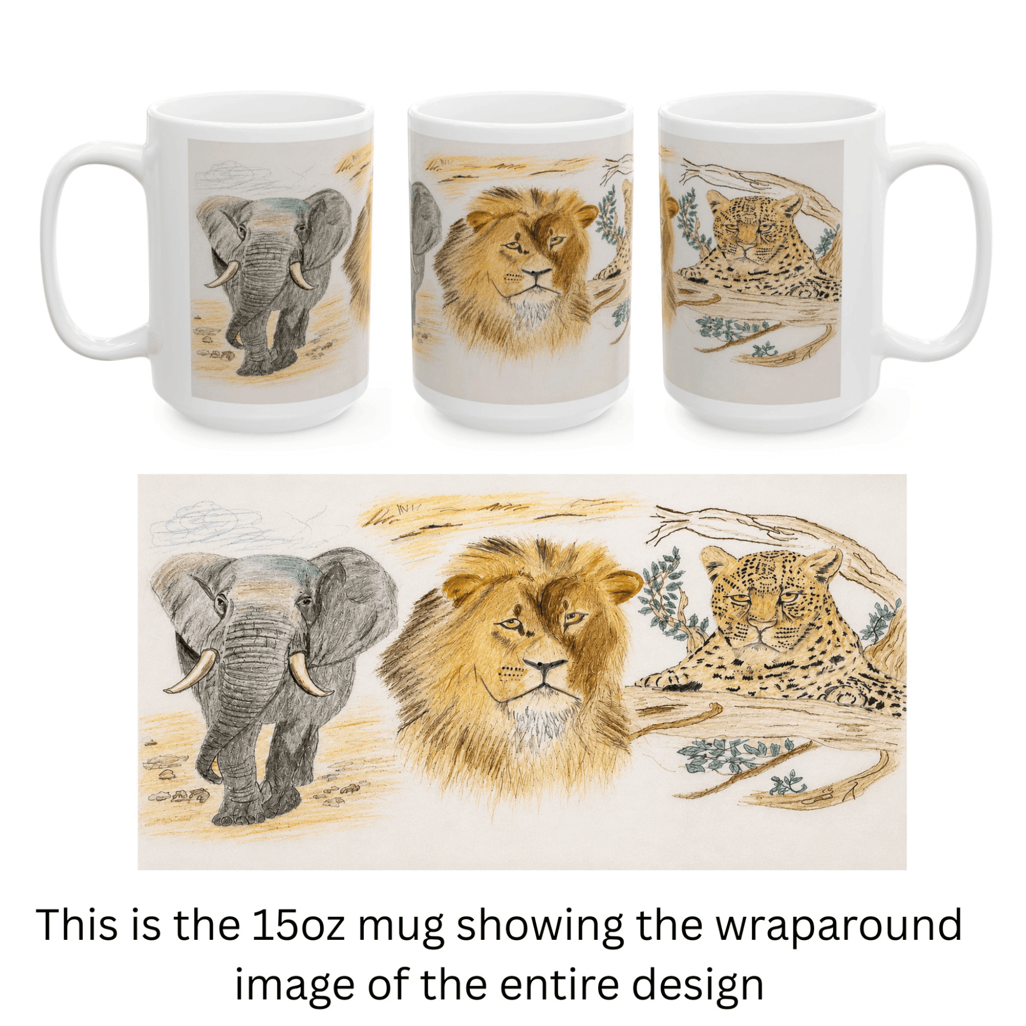 PimsArt African Safari Lion Elephant Leopard Mug From Original Drawing