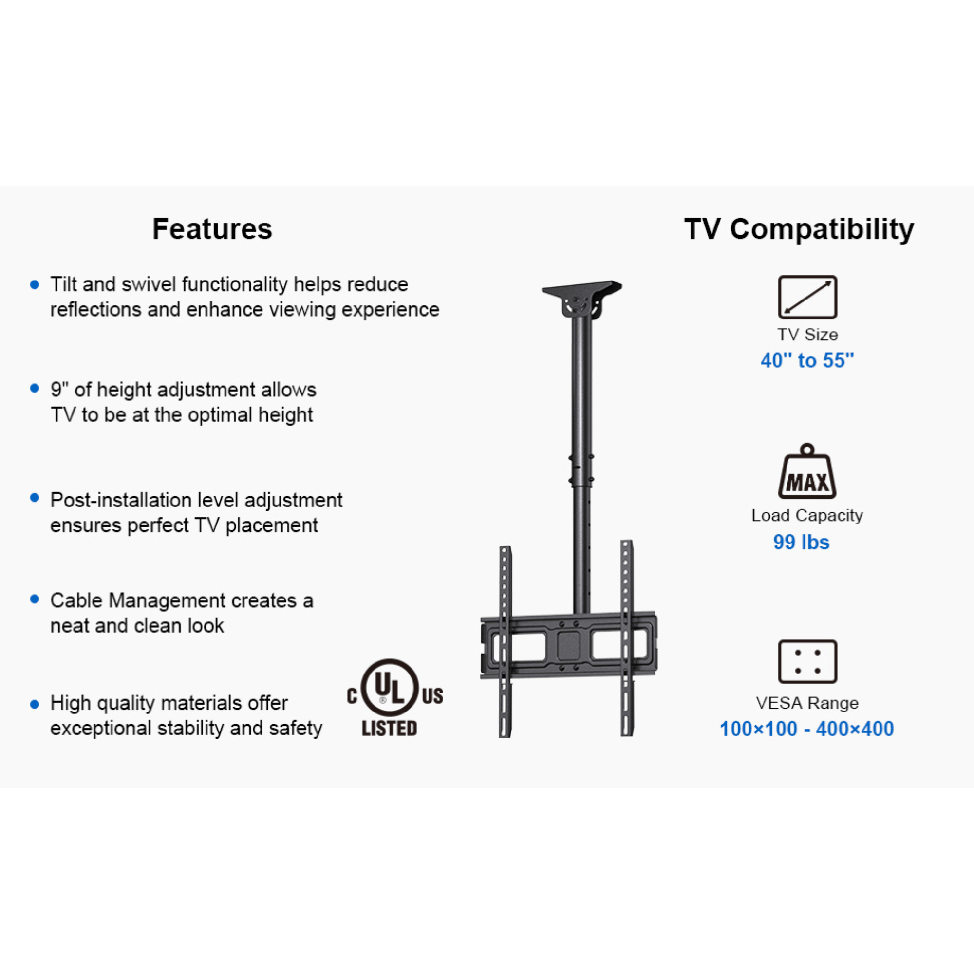 ErgoAV Ceiling Mount for TVs 40" to 55"