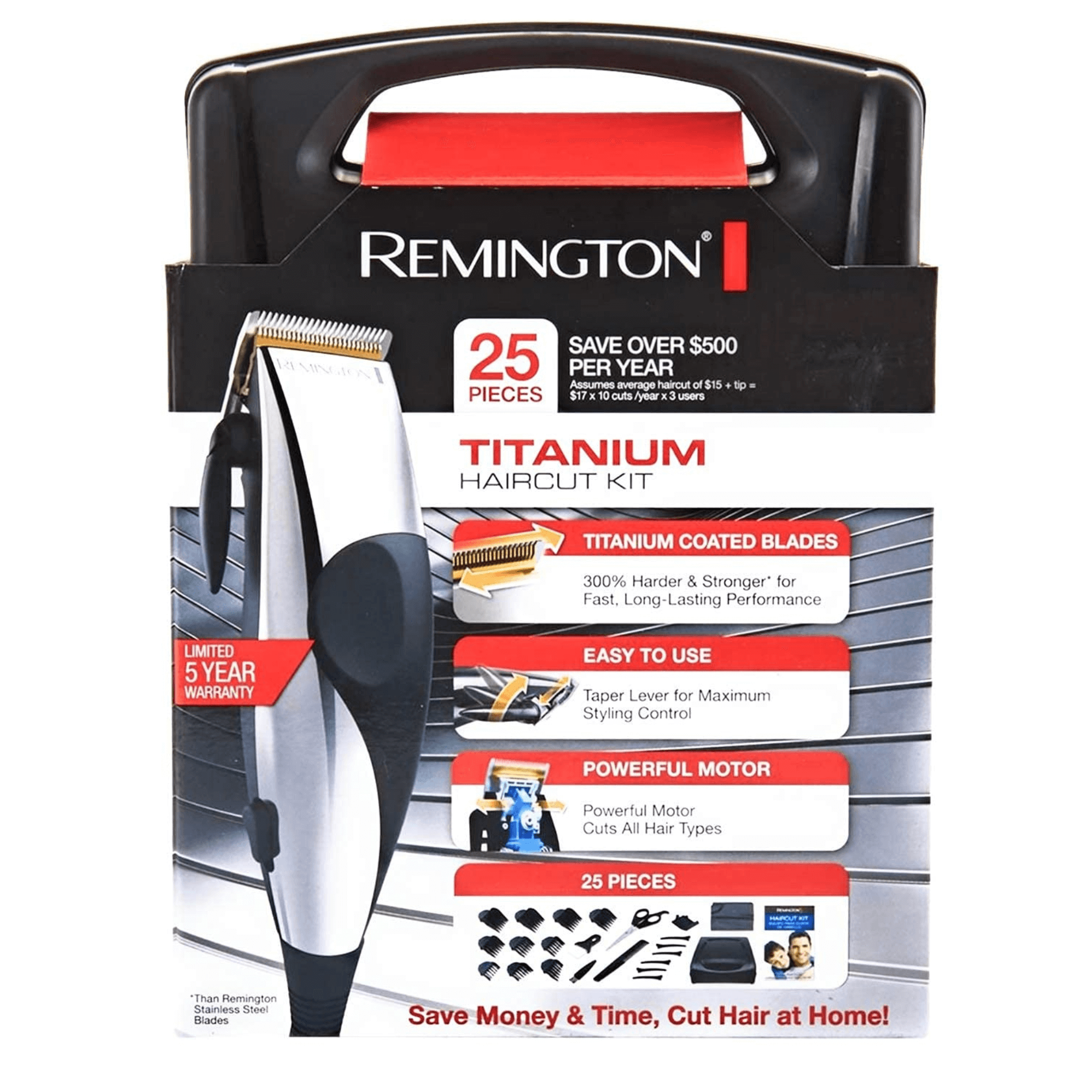 Remington Titanium 25-Piece Adjustable Hair Clipper Kit with Case