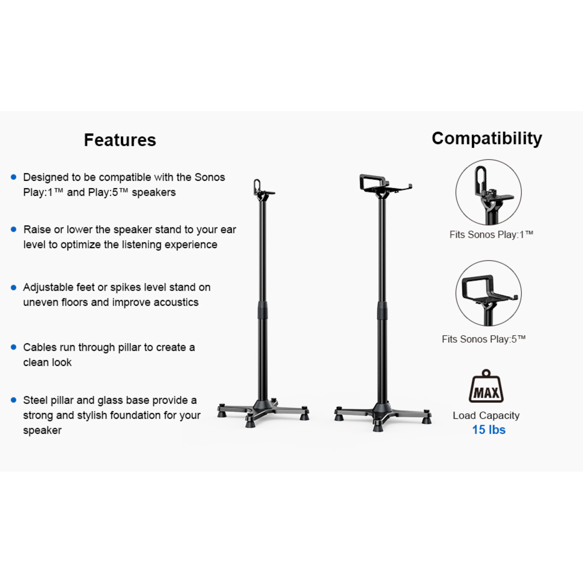 ErgoAV 1-Pair Adjustable Height Sonos Speaker Stands
