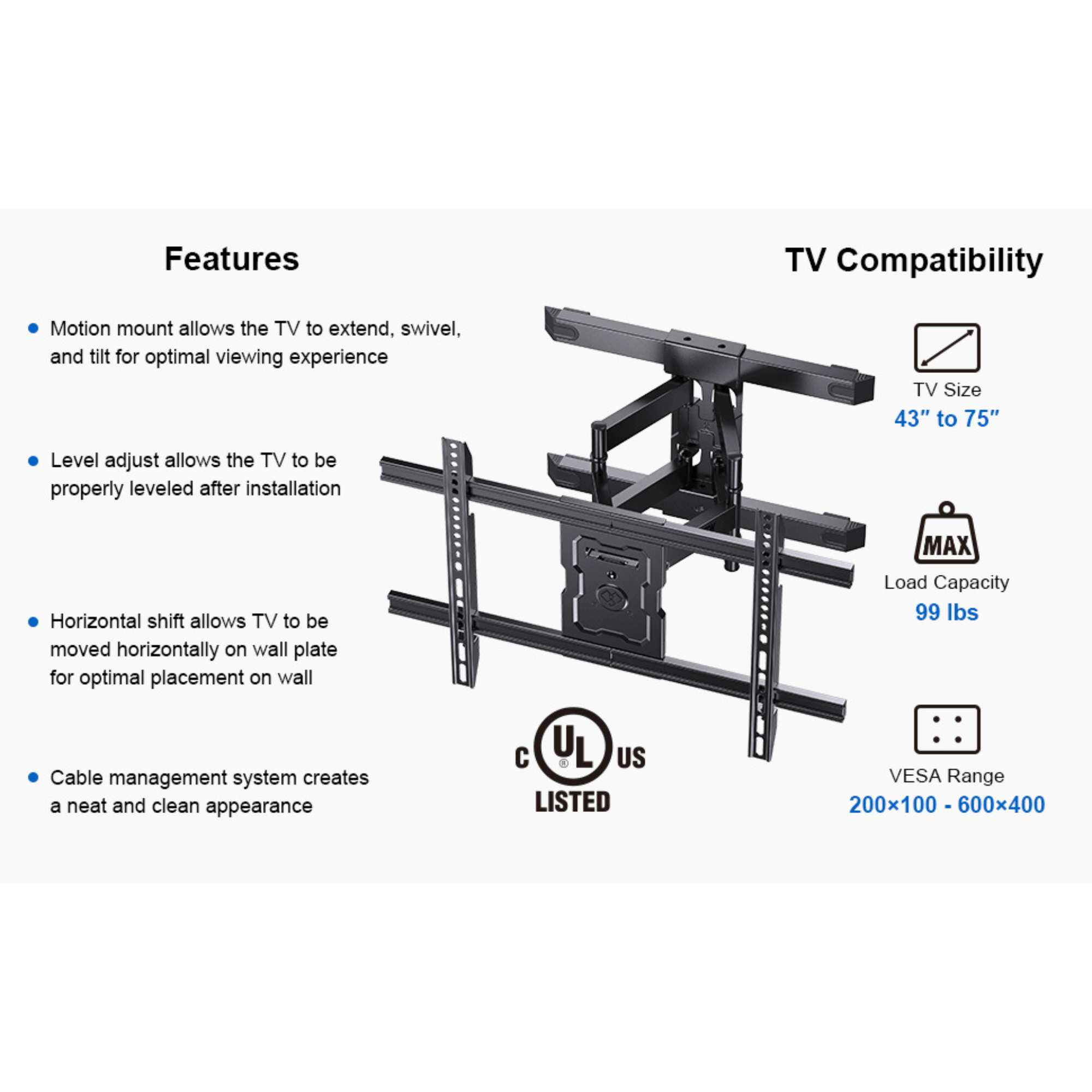 ErgoAv Motion Mount with Dual Arms for TVs 43" to 75" and up to 99lbs