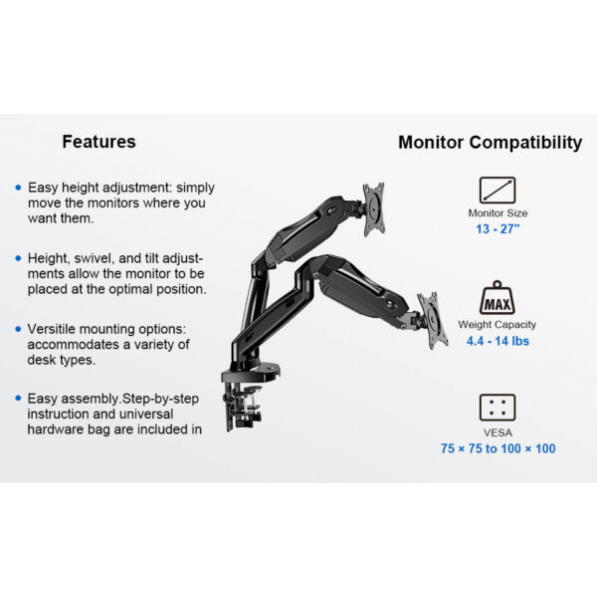ErgoAV Gas Spring Desk Mount for Dual Monitors 13" to 27"