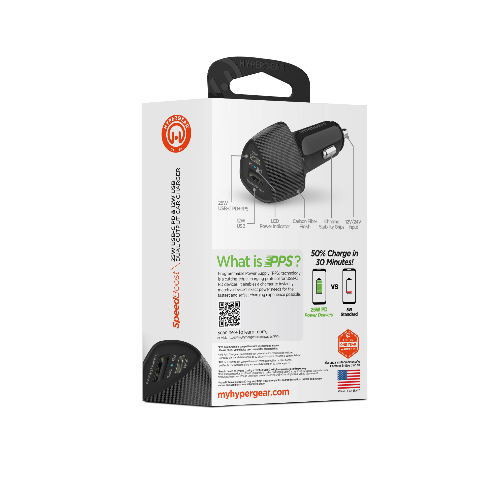 HyperGear SpeedBoost 25W USB-C PD + 12W USB Fast Car Charger with PPS