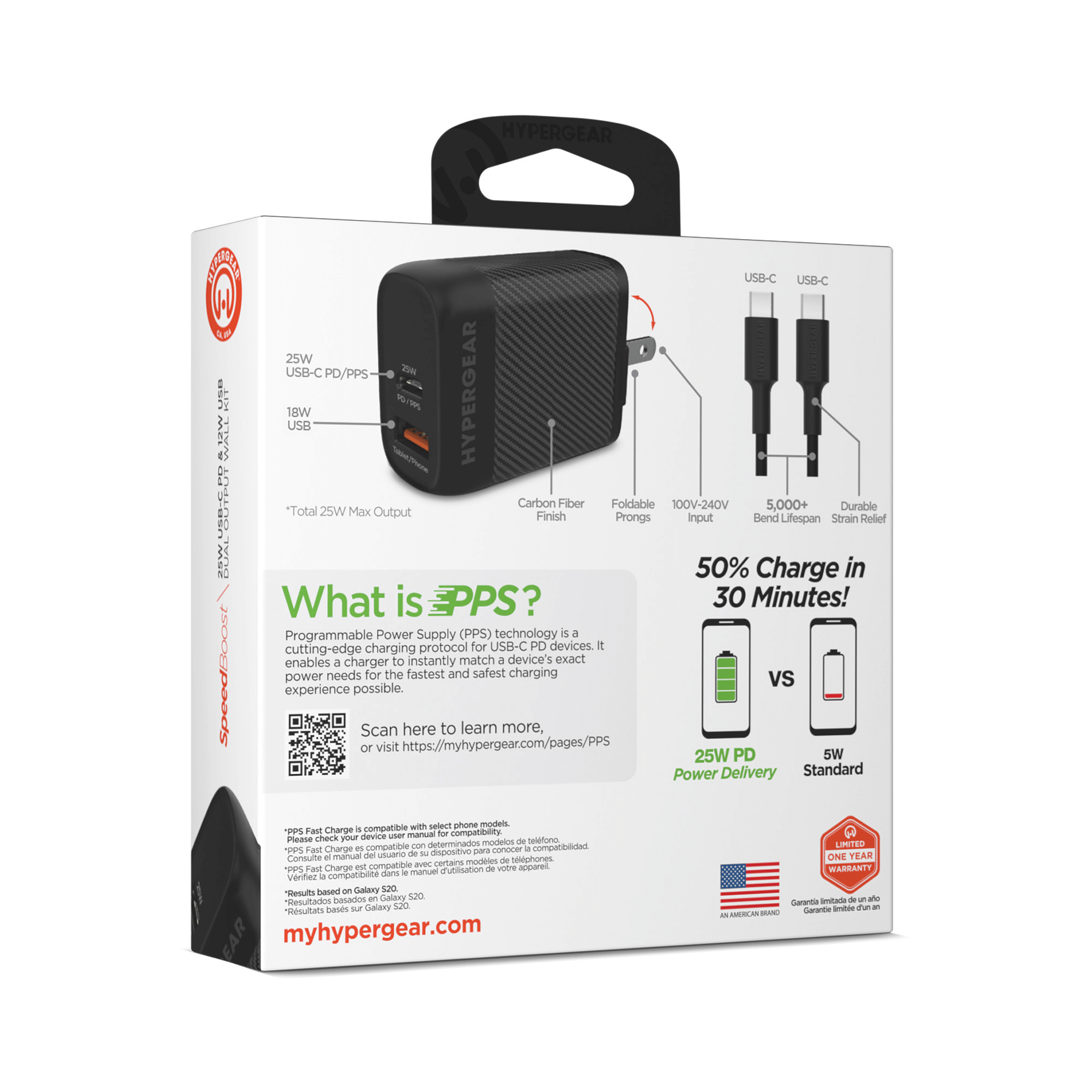 HyperGear SpeedBoost 25W USB-C PD + 12W USB Fast Wall Charger with PPS and 6ft USB-C Cable