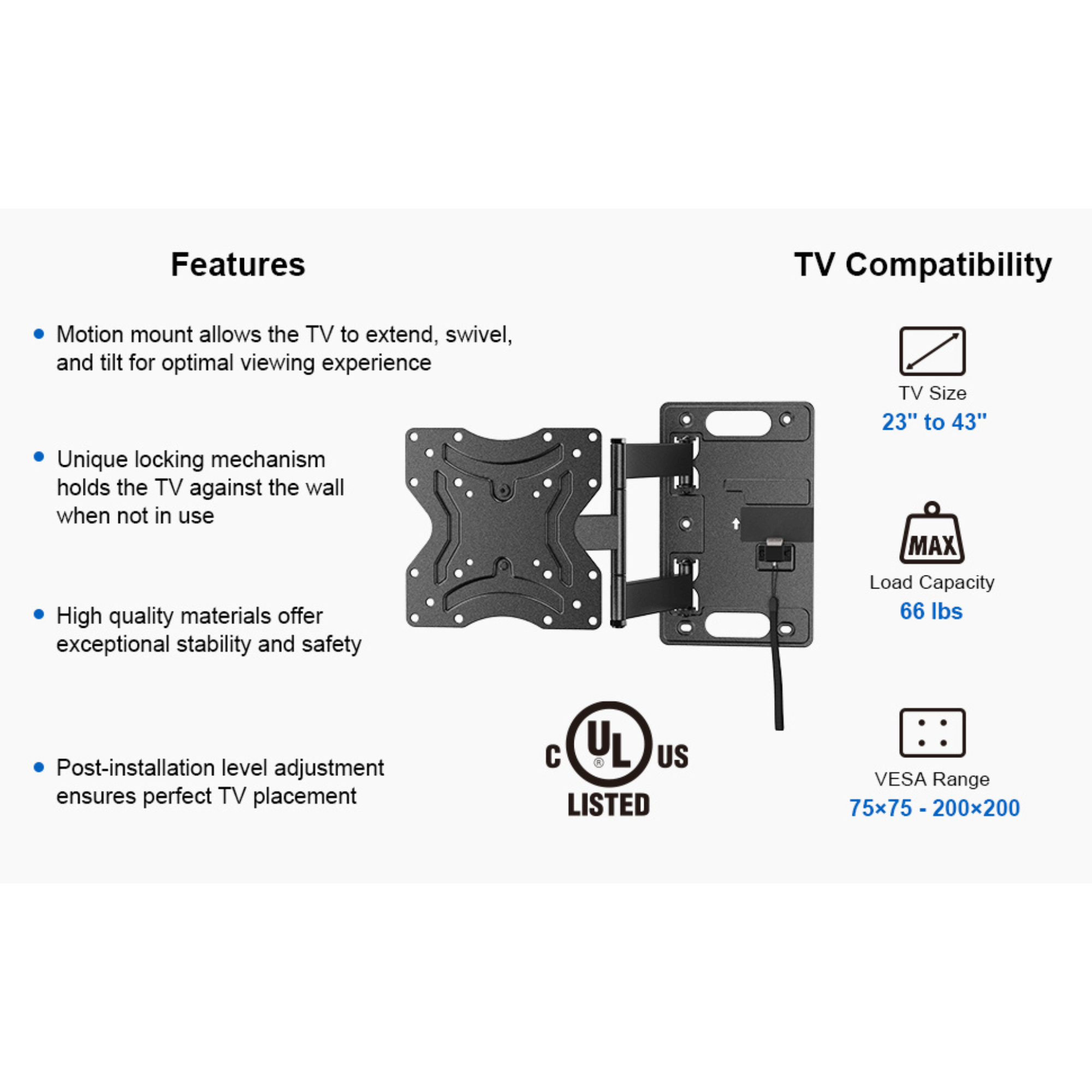 ErgoAV RV Motion Mount 200x200 for TVs 23" to 43"