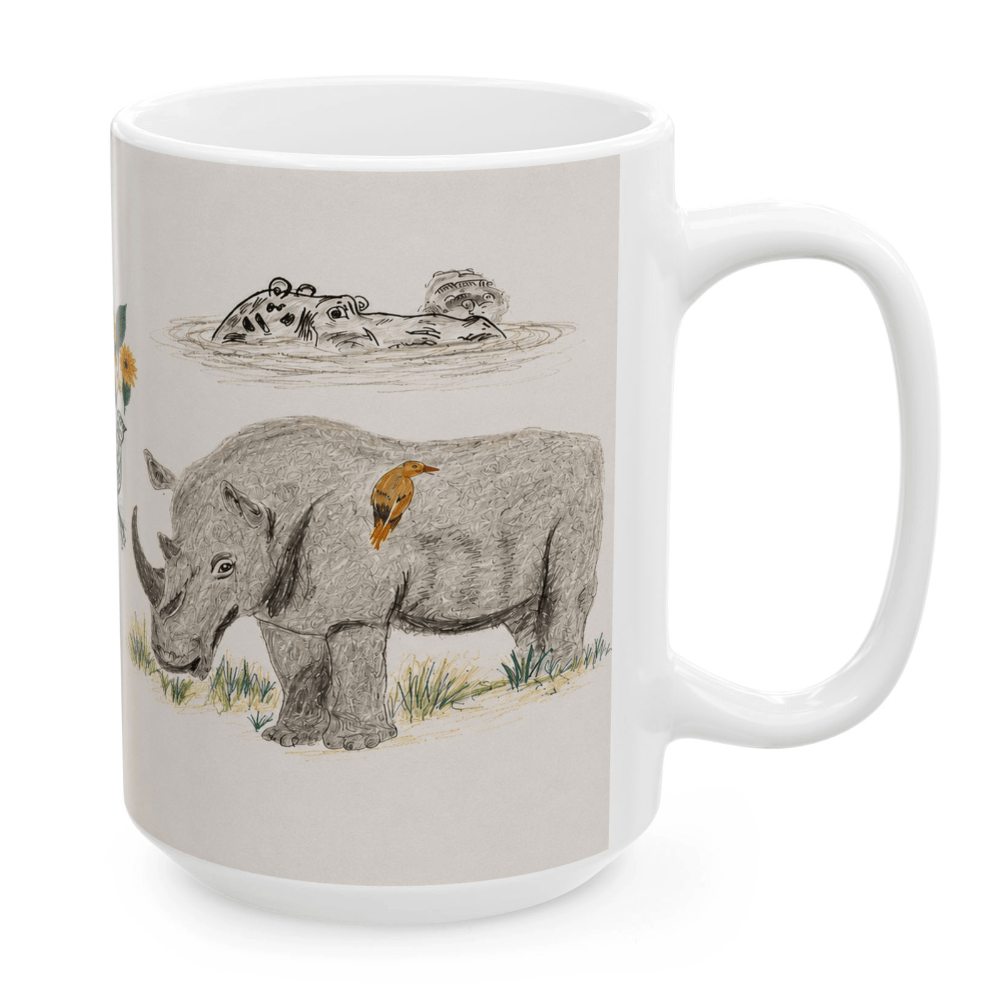 PimsArt Safari Rhino and Wildebeest Mug From Original Drawing