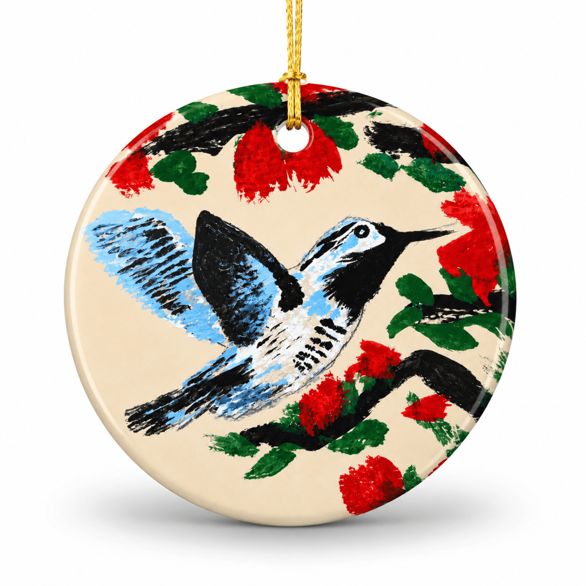 PimsArt Hummingbird Blossom Round Christmas Ornament From Original Painting