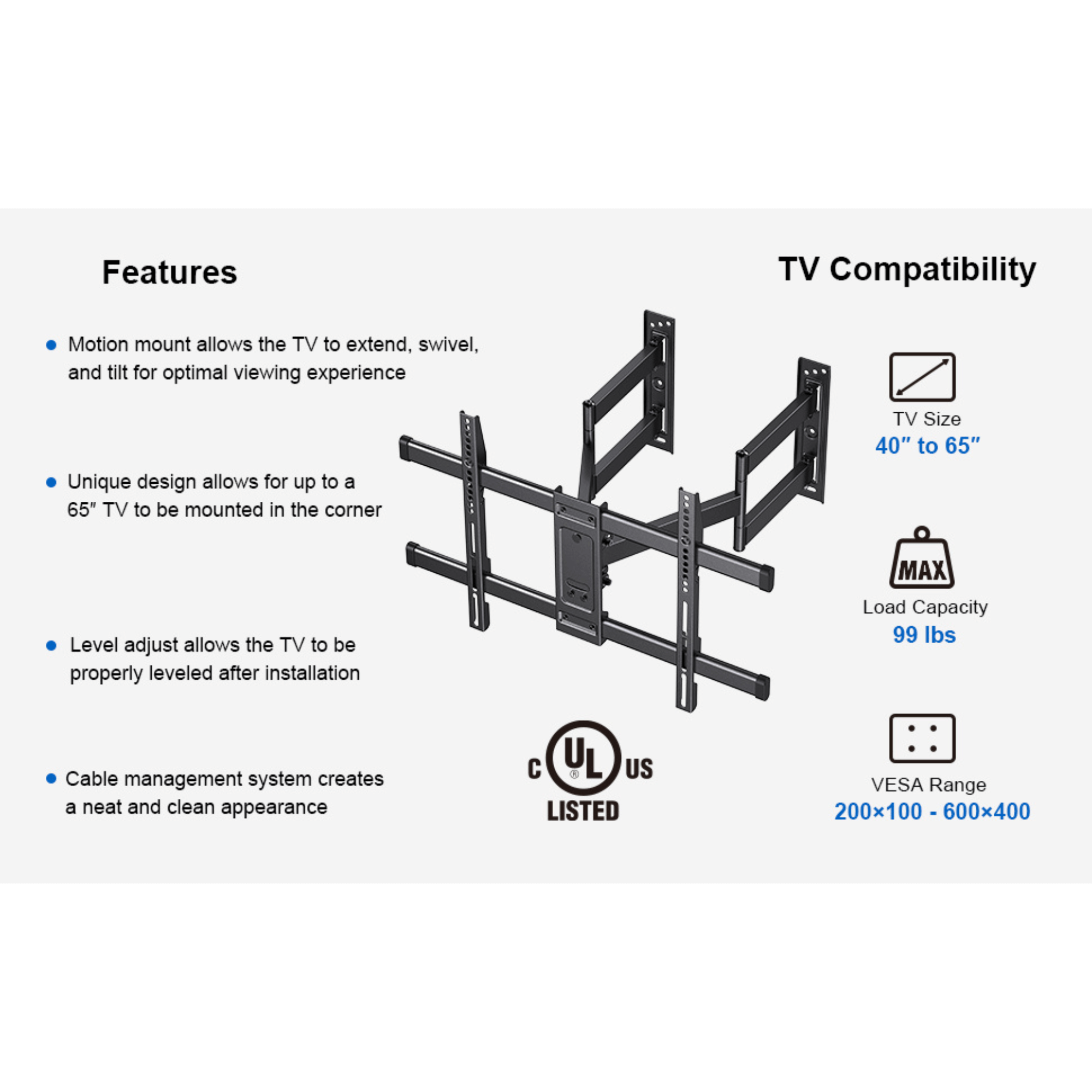 ErgoAV Corner Mount for TVs 40" to 65"