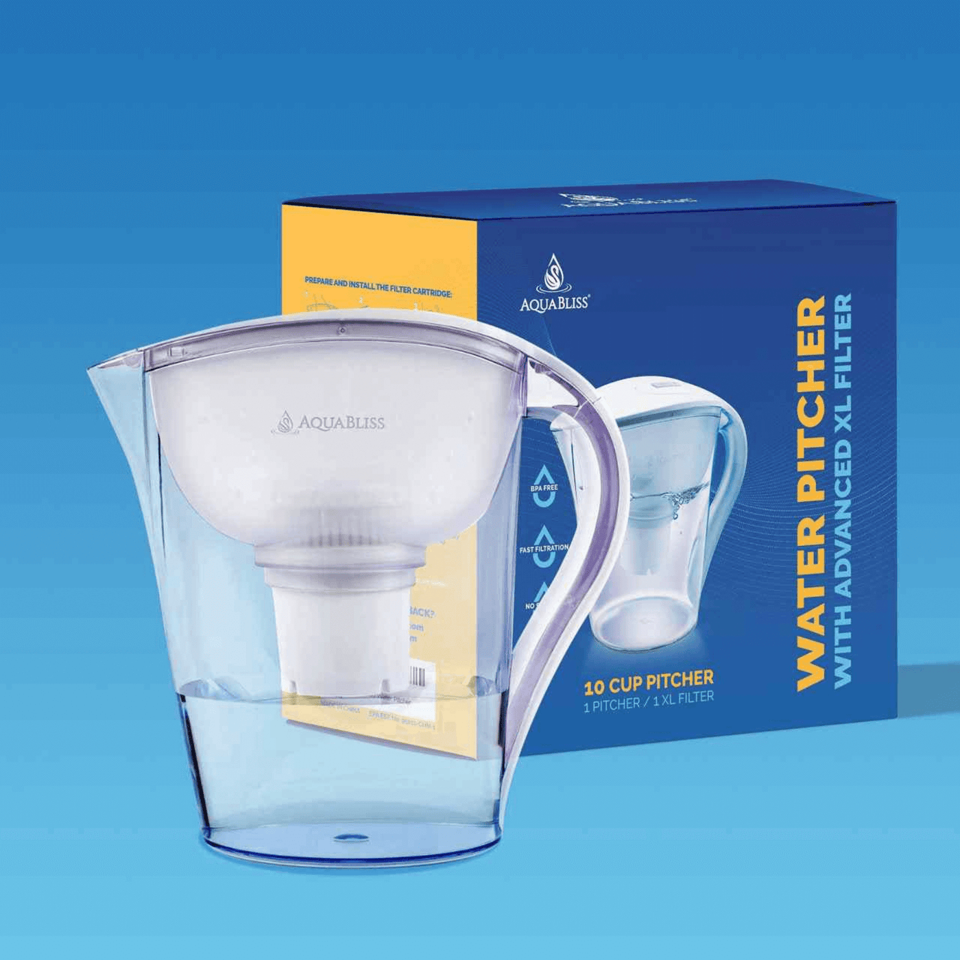 AquaBliss 10-Cup Water Filter Pitcher with 3 XL Filters