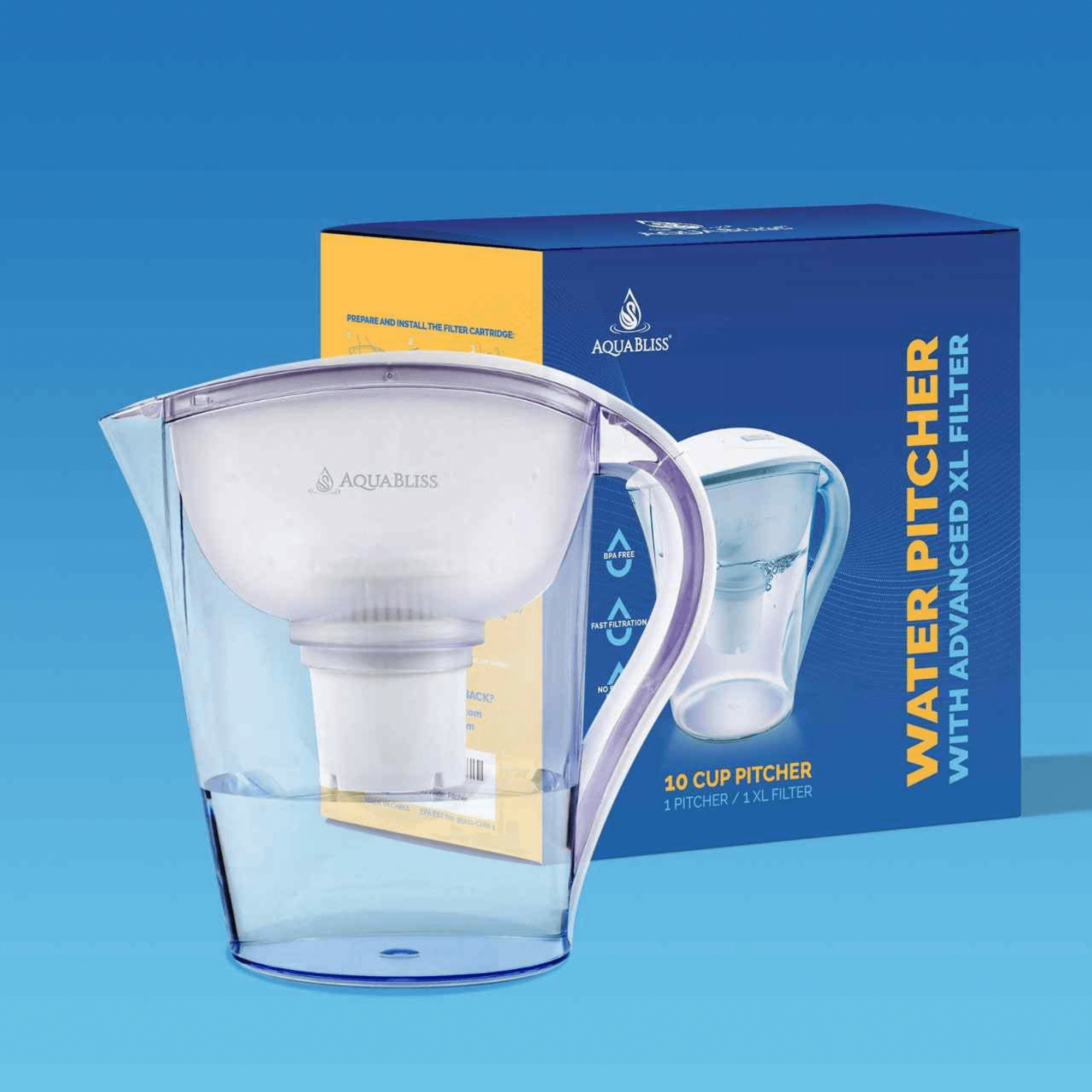 AquaBliss 10-Cup Water Filter Pitcher with 3 XL Filters