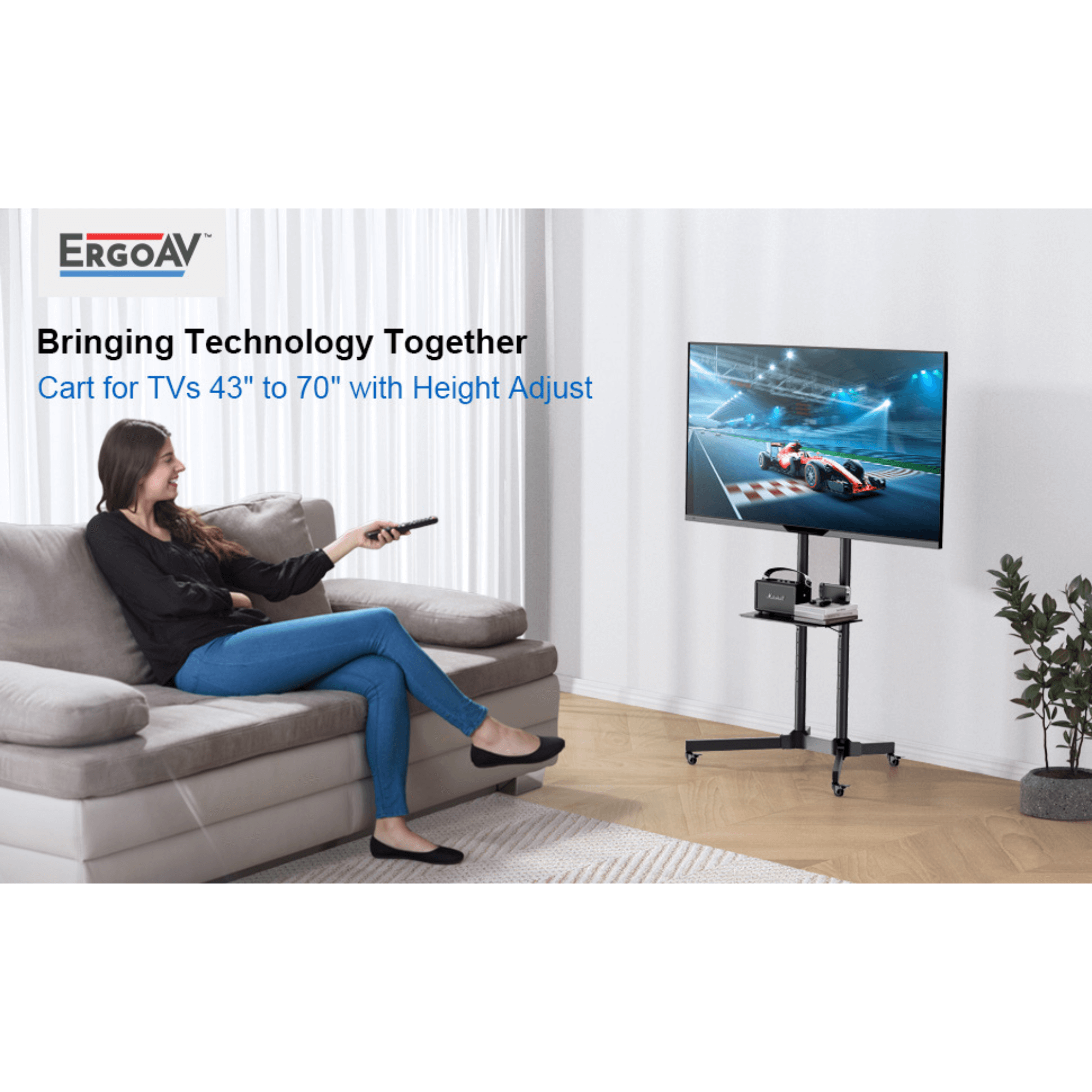 ErgoAV Movable Height-Adjustable Cart for TVs 40" to 75"
