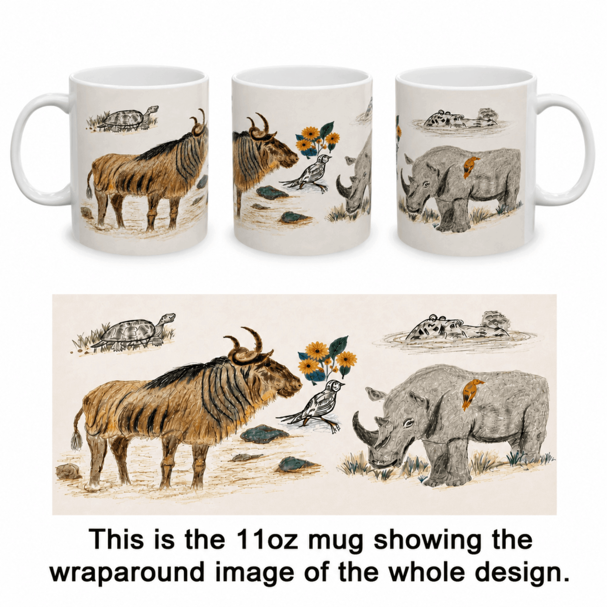 PimsArt Safari Rhino and Wildebeest Mug From Original Drawing