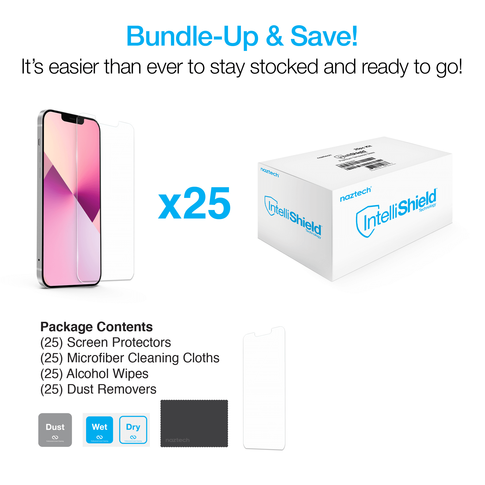 Naztech IntelliShield HD Tempered Glass 25pc Set for the iPhone 13 Mini