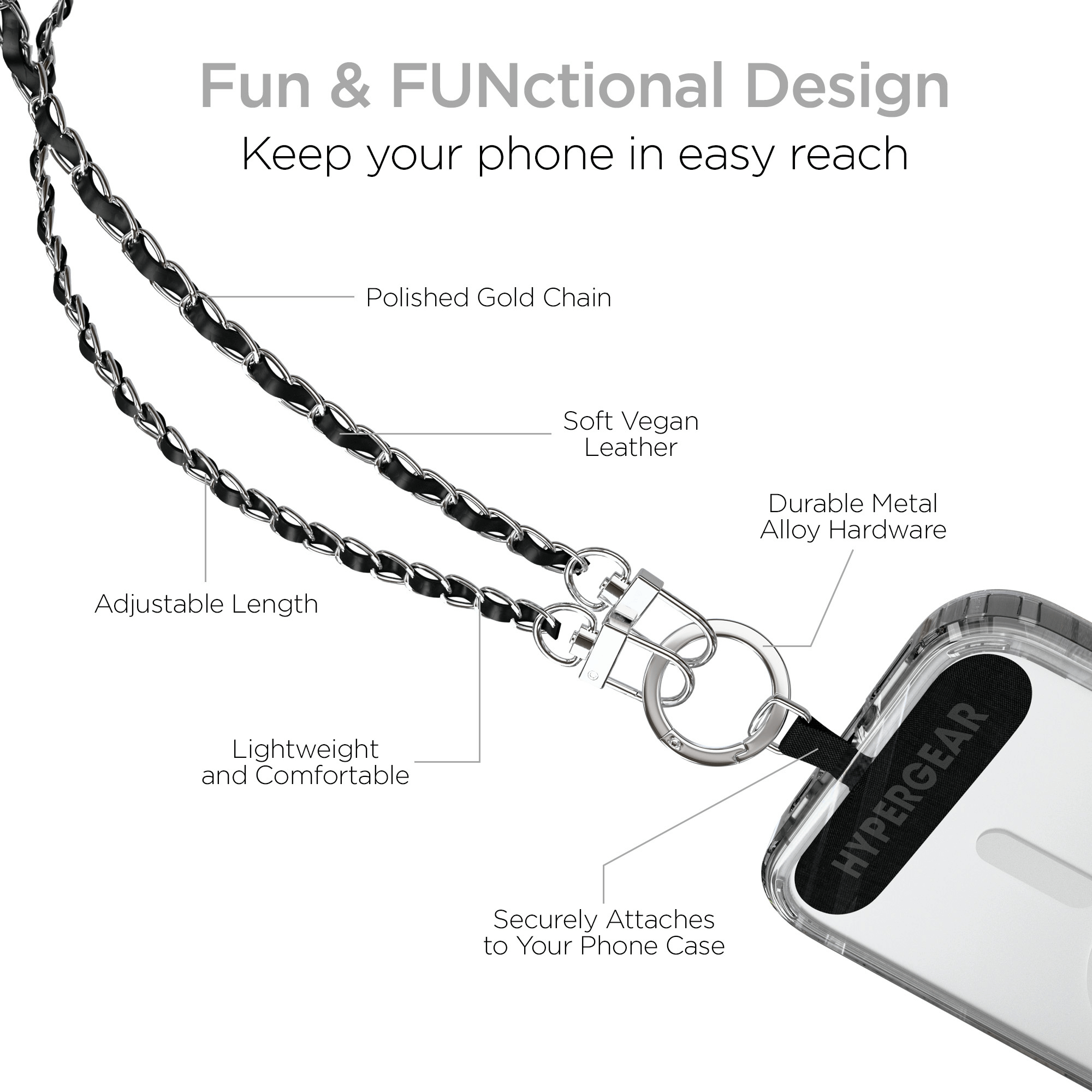 HyperGear TECHcessories Silver Chain with Black Vegan Leather Universal Crossbody Phone Strap