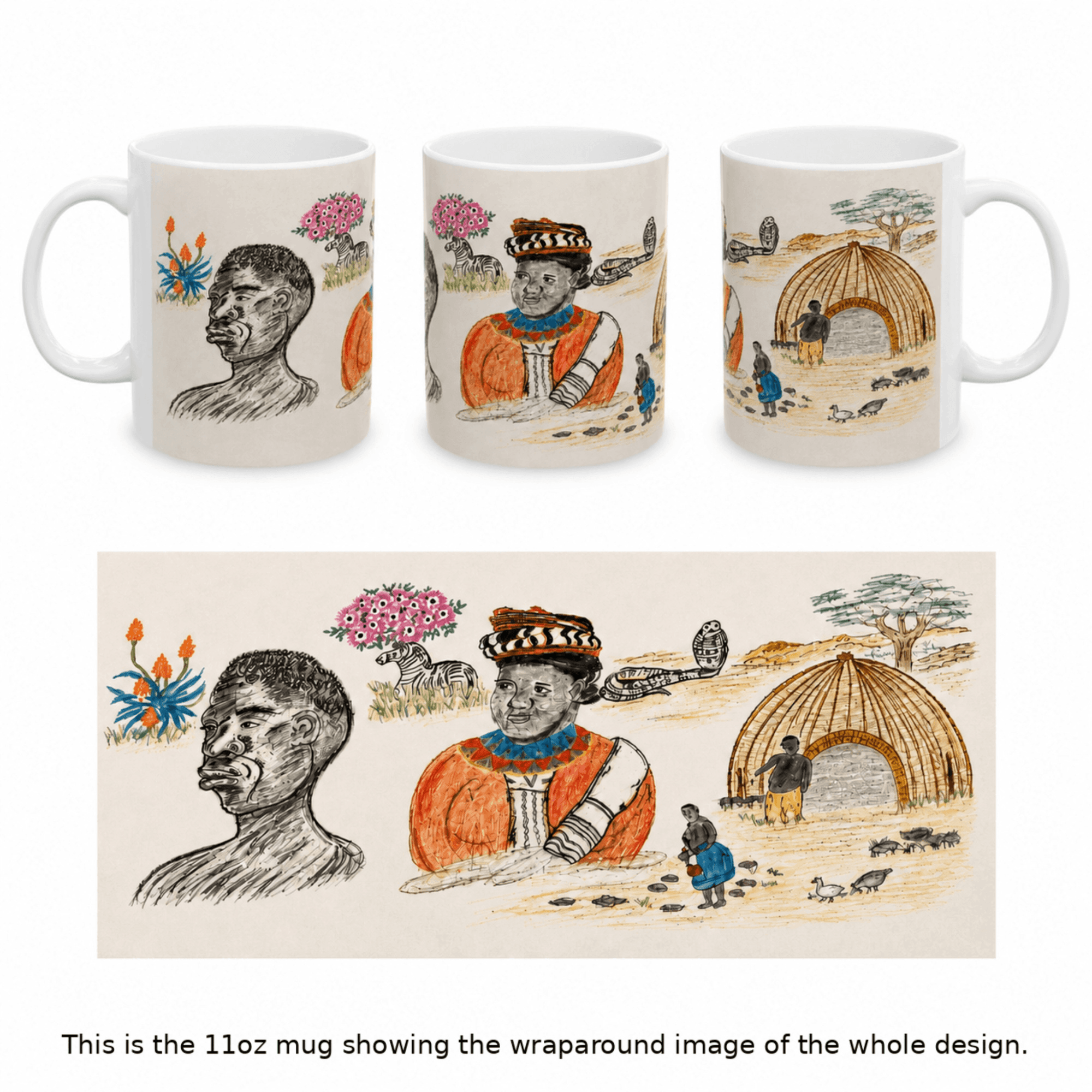 PimsArt South African Tribal Village Portrait Mug From Original Drawing