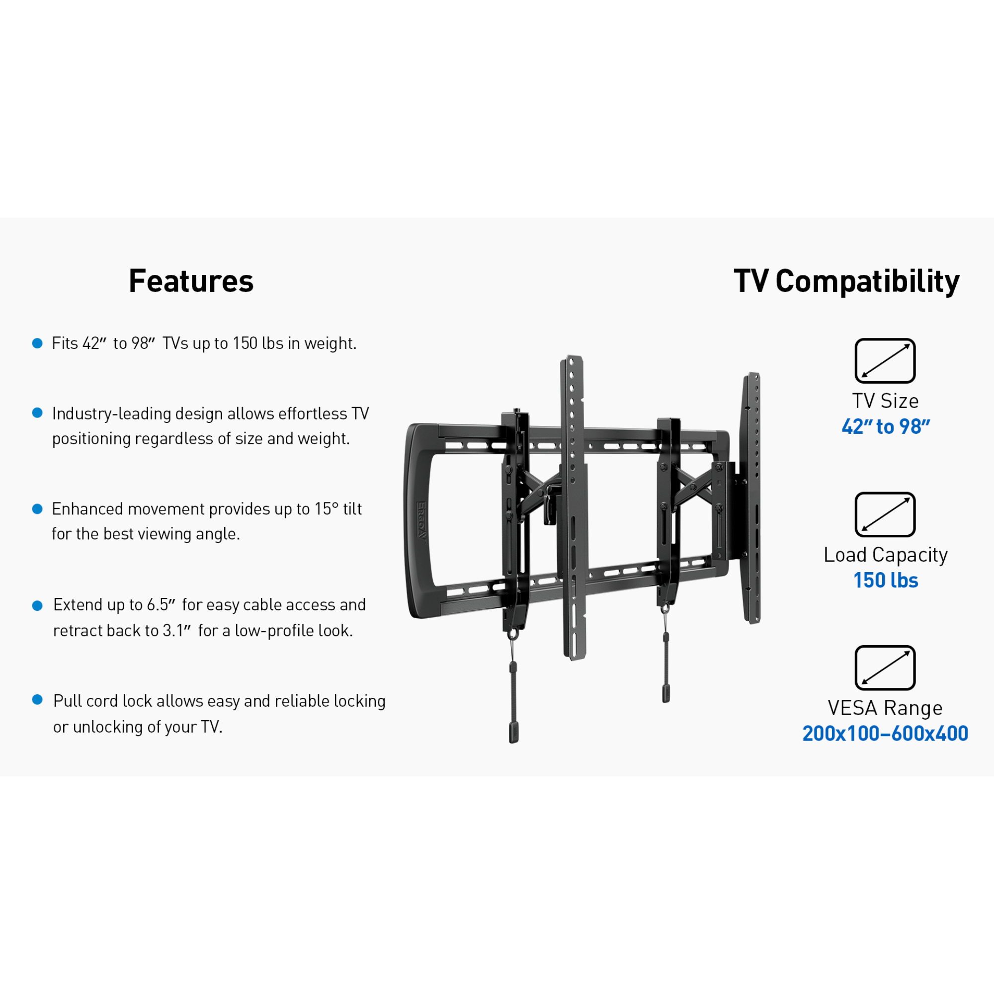 ErgoAV Large Extend and Tilt Mount with Level Adjust for 42" to 98" TVs