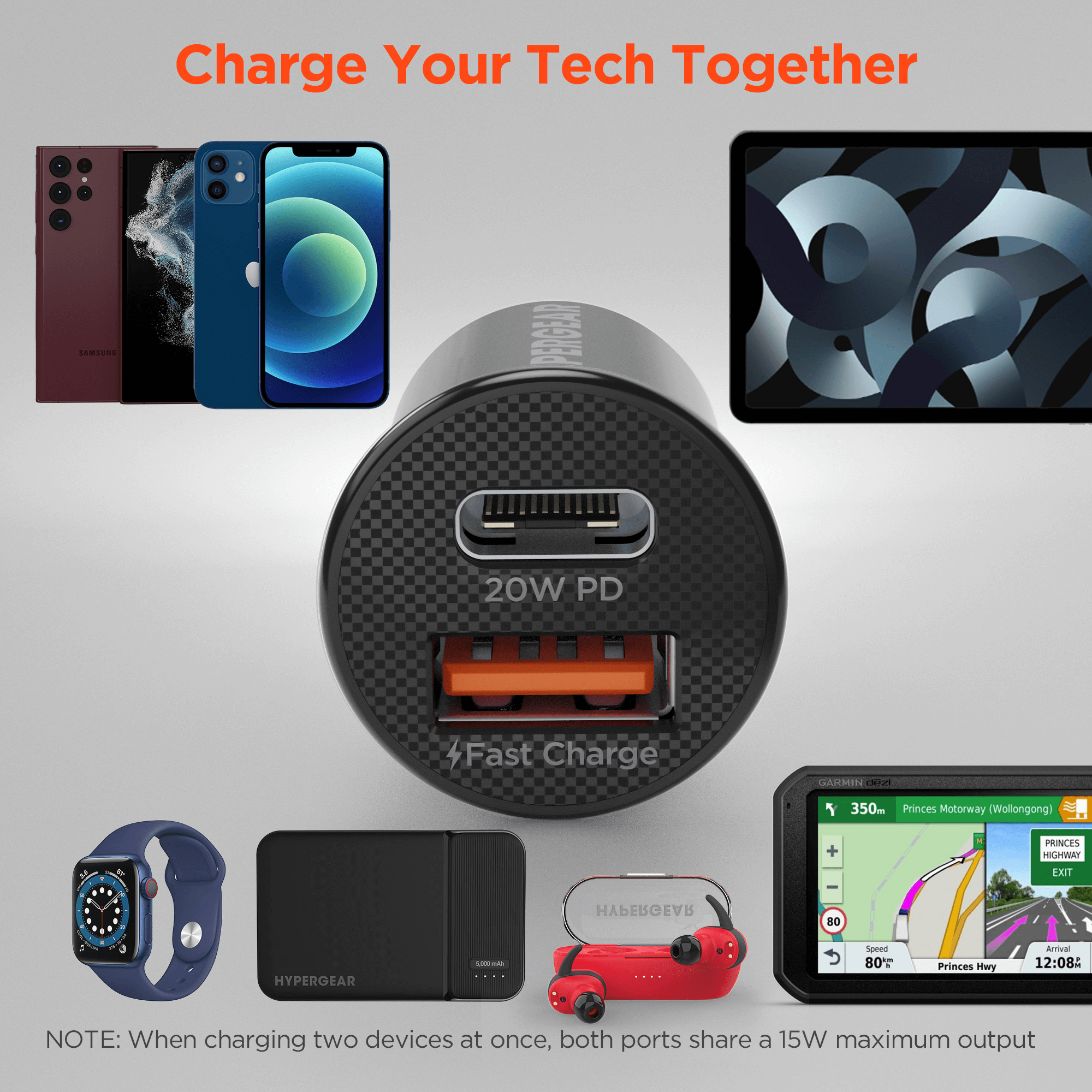 HyperGear Mini 20W USB-C PD + 18W USB Fast Car Charger