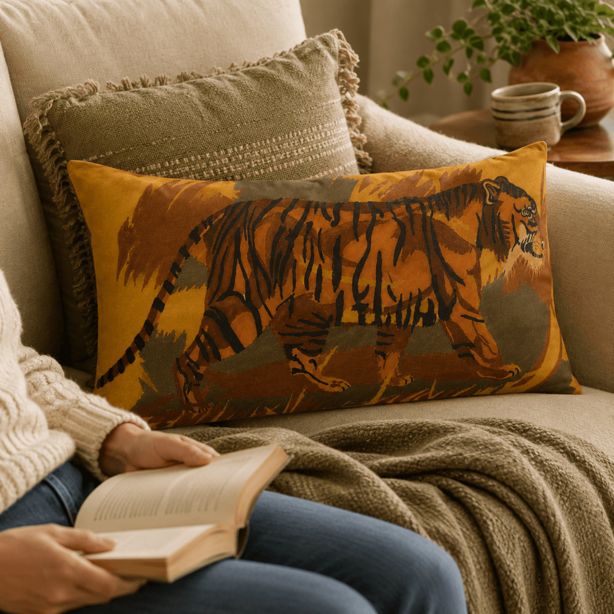 PimsArt Amber Tiger Jungle Scene Pillow Sham From Original Painting