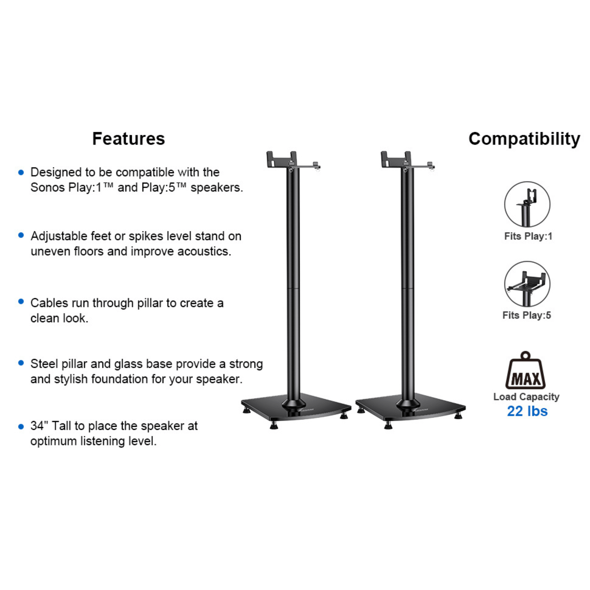 ErgoAV 1-Pair Fixed Height Sonos Speaker Stands 34"