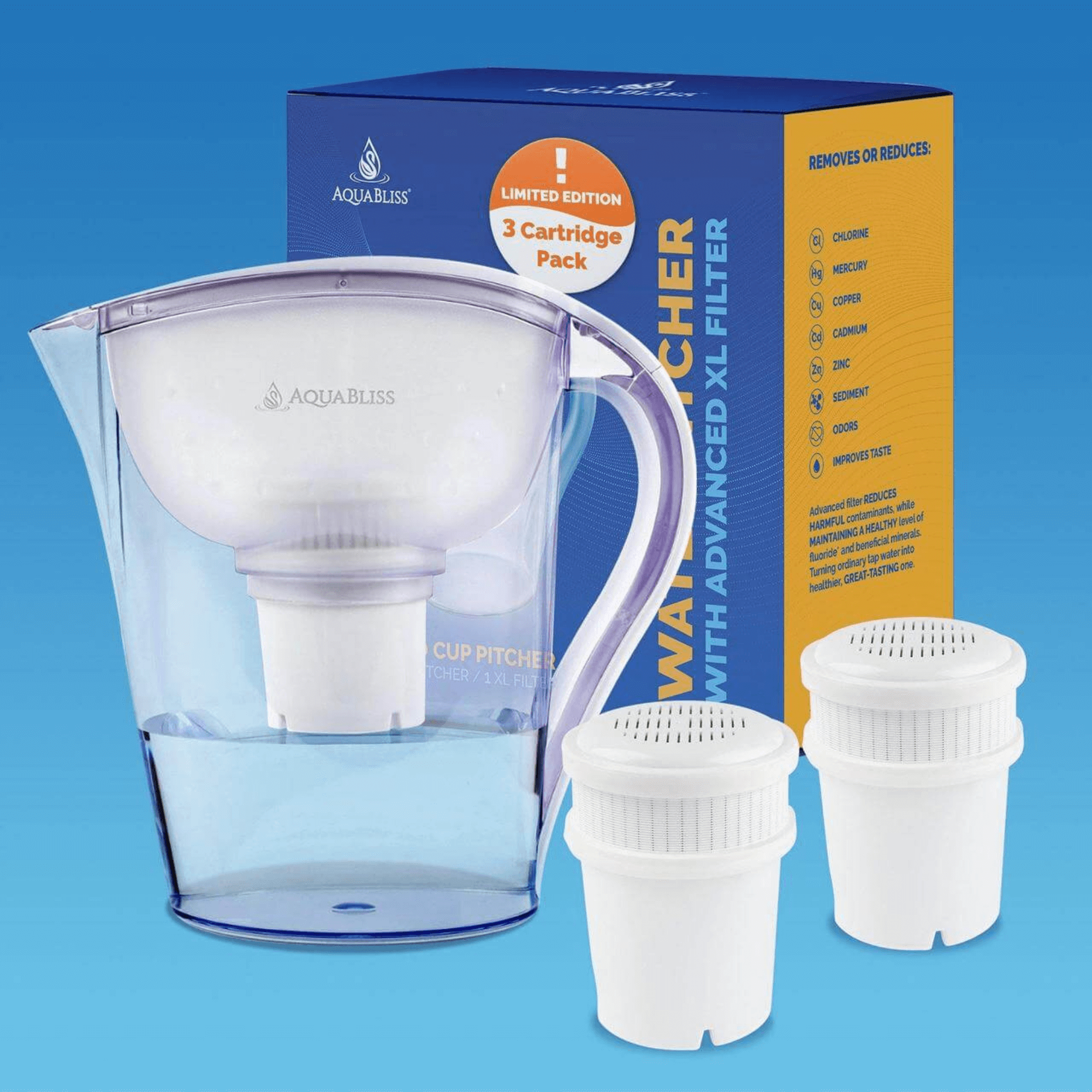 AquaBliss 10-Cup Water Filter Pitcher with 3 XL Filters