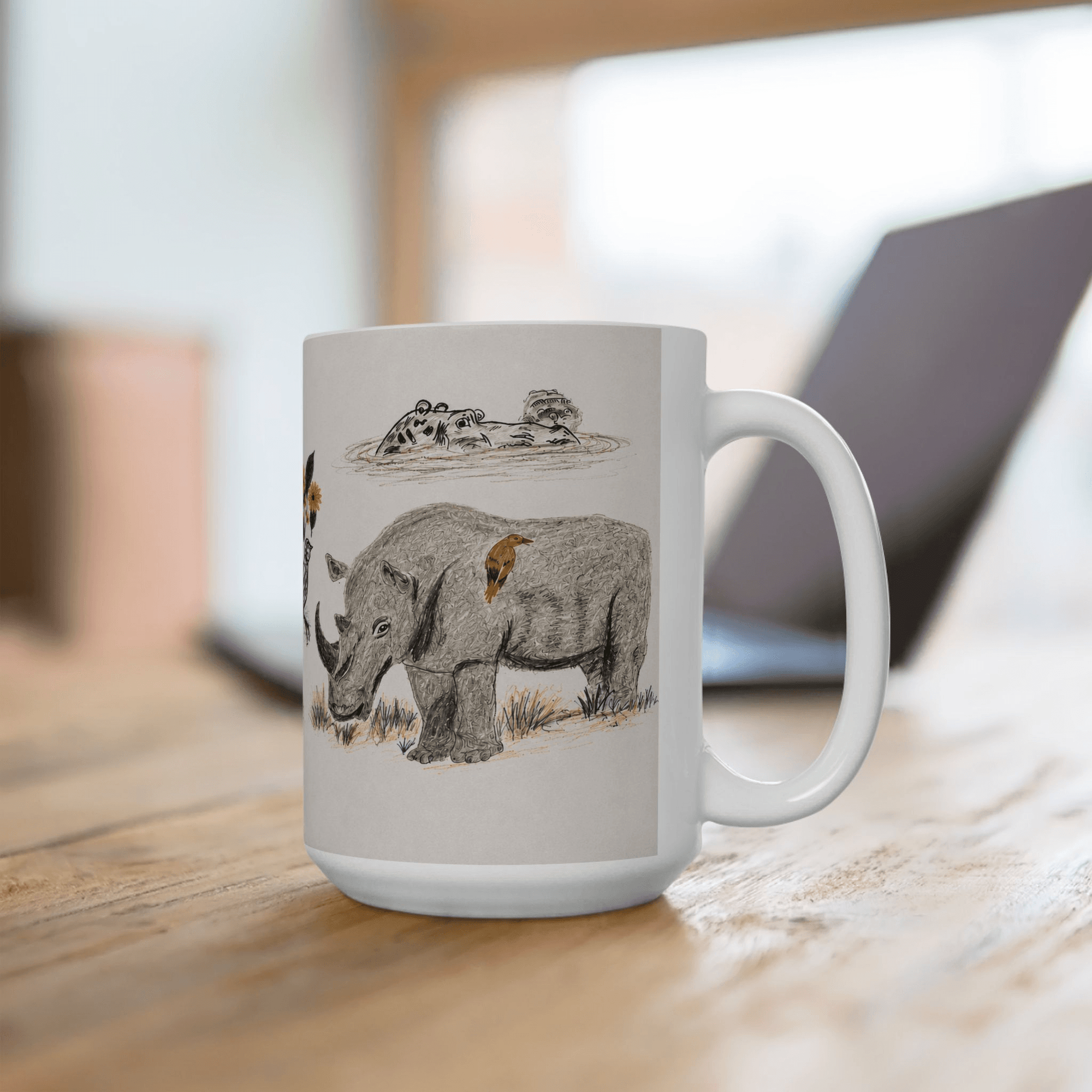PimsArt Safari Rhino and Wildebeest Mug From Original Drawing