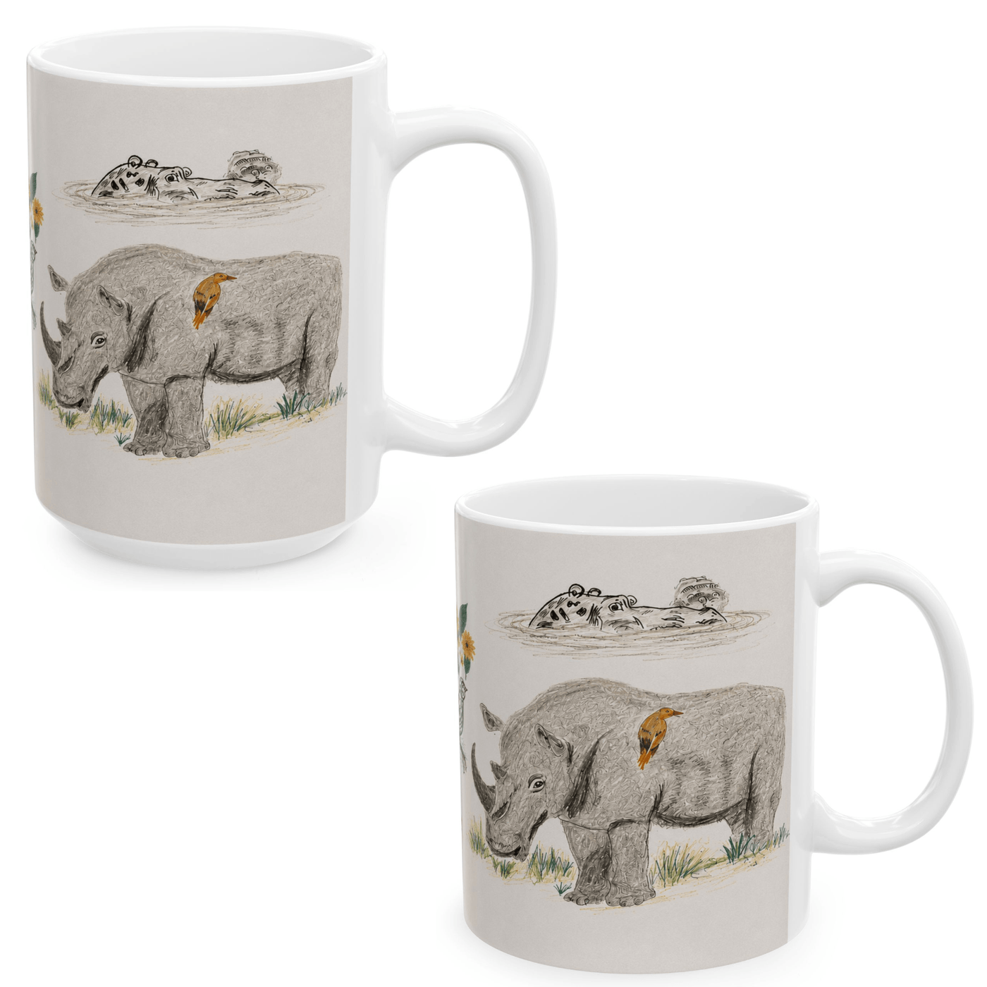 PimsArt Safari Rhino and Wildebeest Mug From Original Drawing