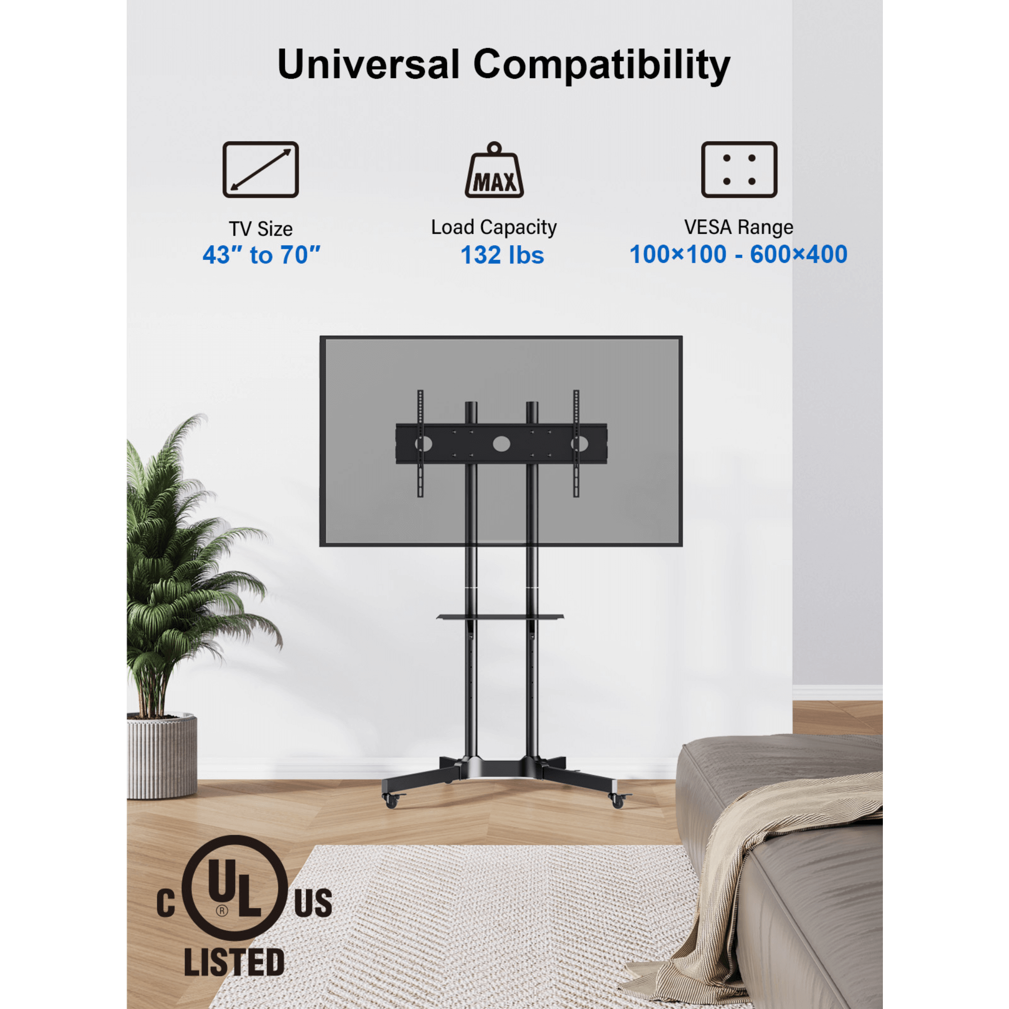 ErgoAV Movable Height-Adjustable Cart for TVs 40" to 75"