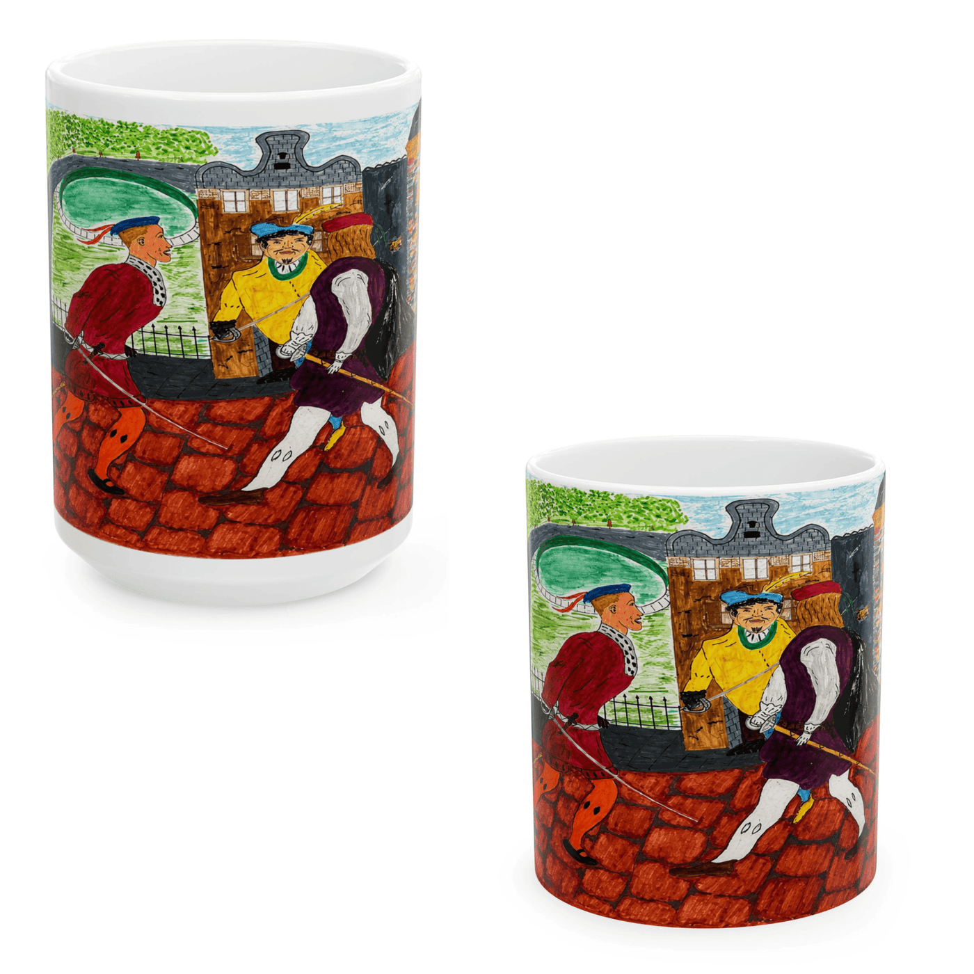 PimsArt Medieval Street Scene Dueling Swordsmen Mug From Original Painting