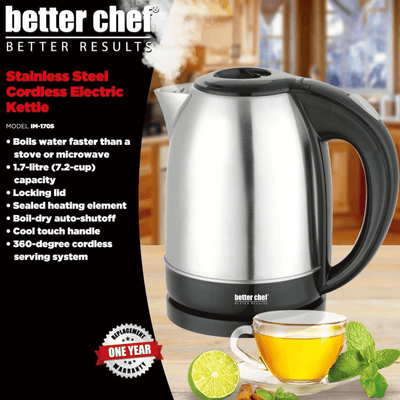 Better Chef 1.7L 7.2-Cup Stainless Steel Cordless Electric Kettle