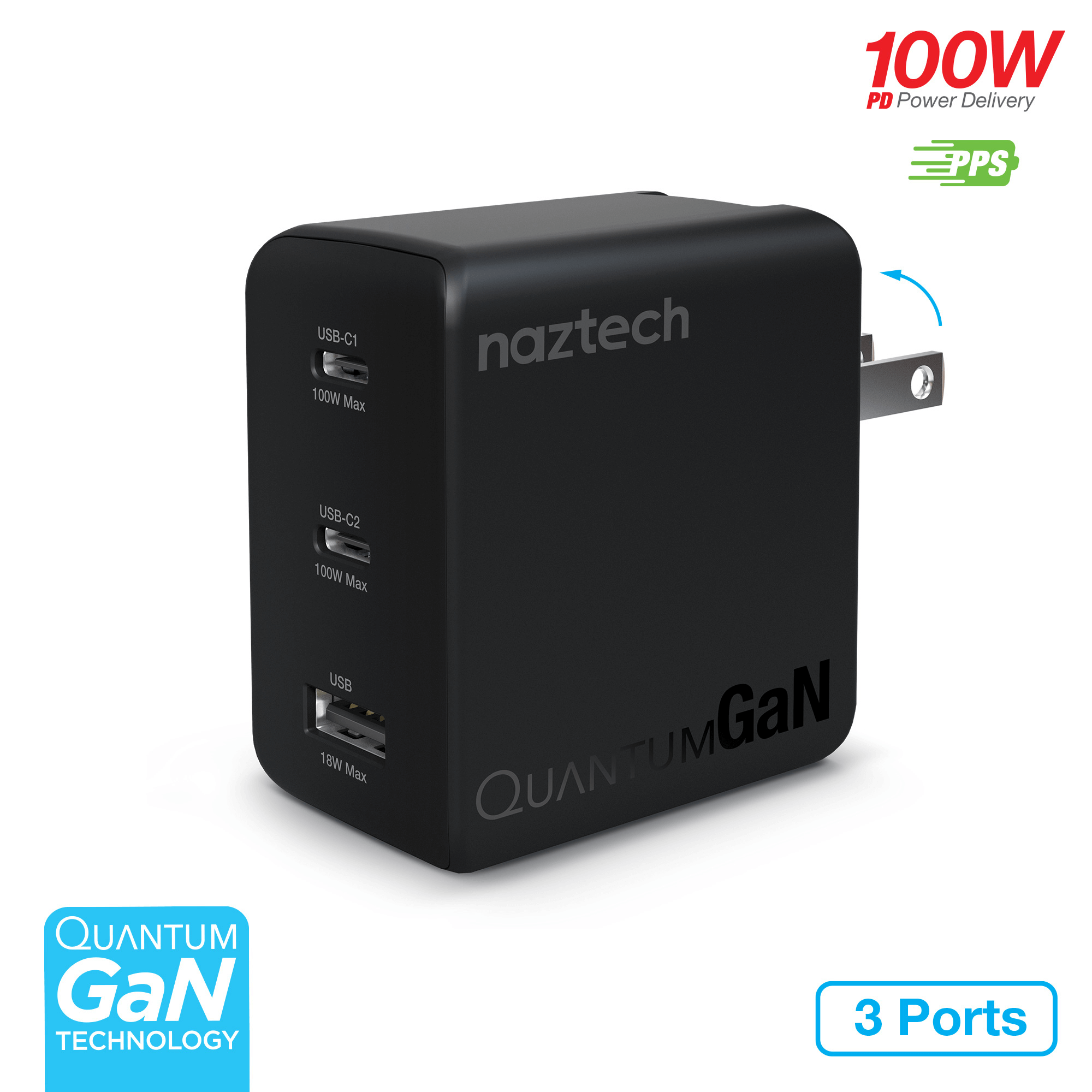 Naztech Nexus T100 100W USB-C PD + USB 3-Port GaN Ultra-Fast Wall Charger with PPS