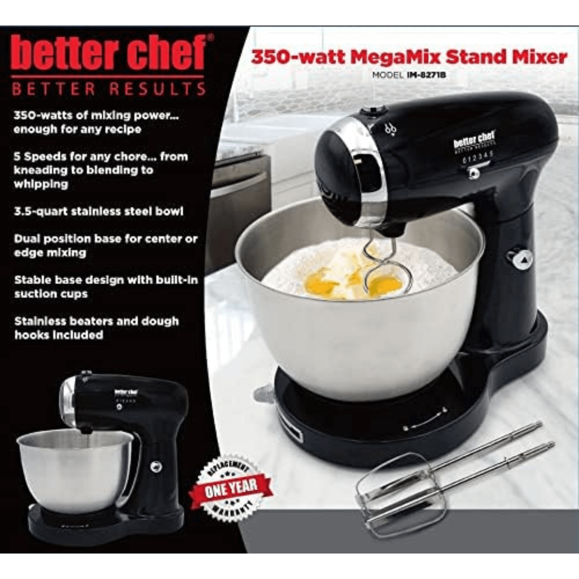Better Chef 350W Classic Stand Mixer with Stainless Steel Bowl
