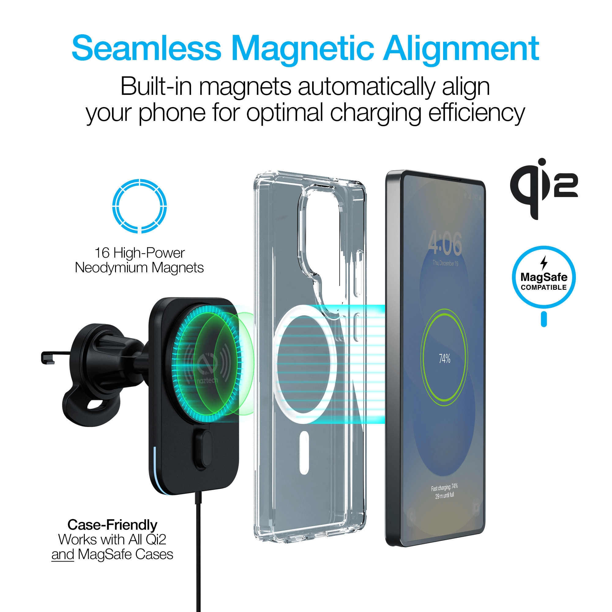 Naztech MagLock CAR 15W Magnetic Wireless Fast Charging Vent Mount with Qi2