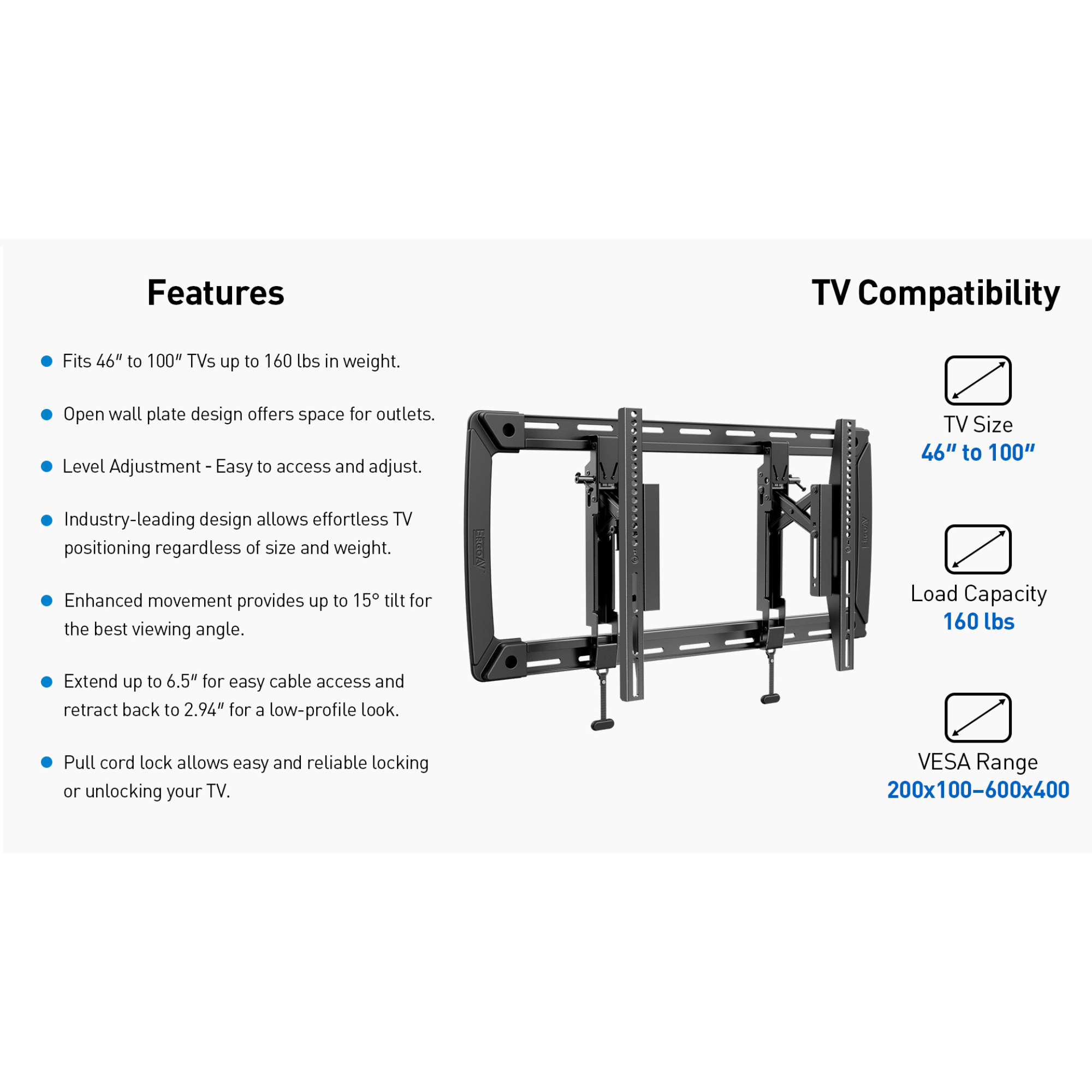 ErgoAV Large Extend and Tilt Mount with Level Adjust for 40" to 100" TVs