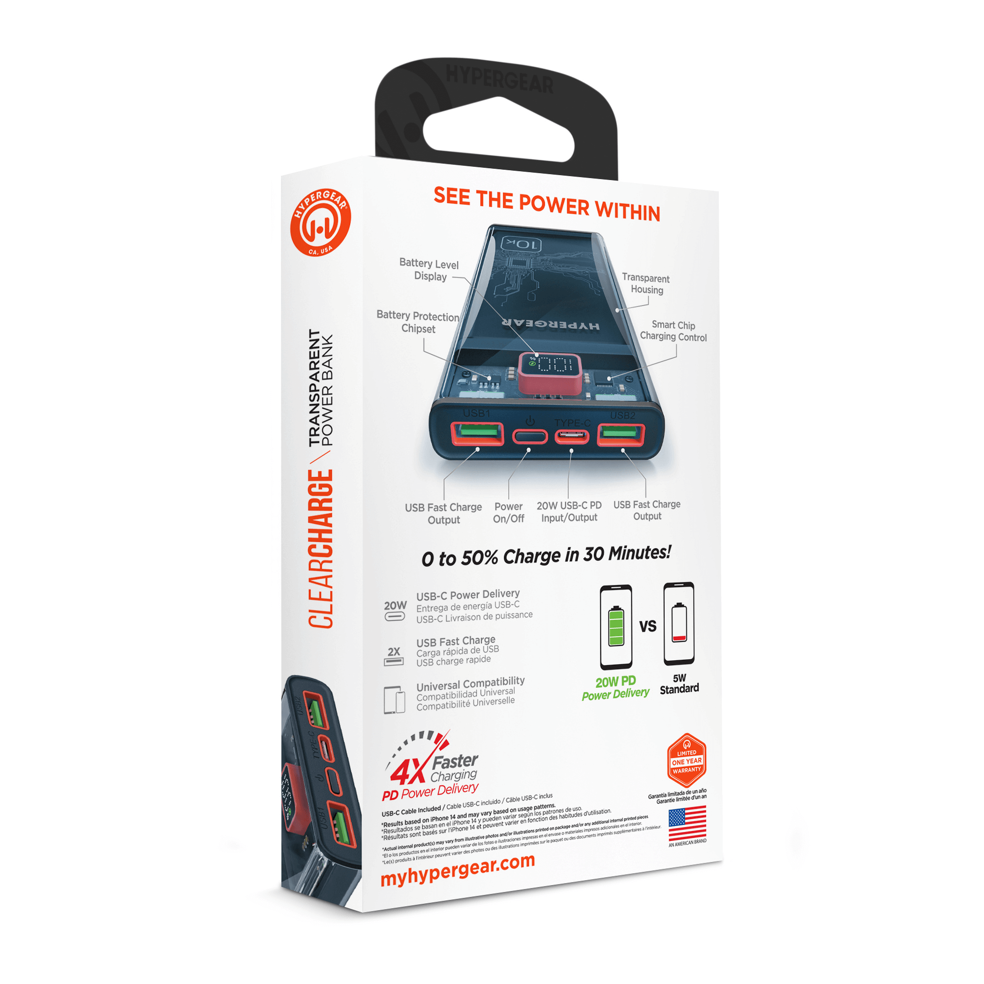 HyperGear ClearCharge 10000mAh Transparent PD Power Bank