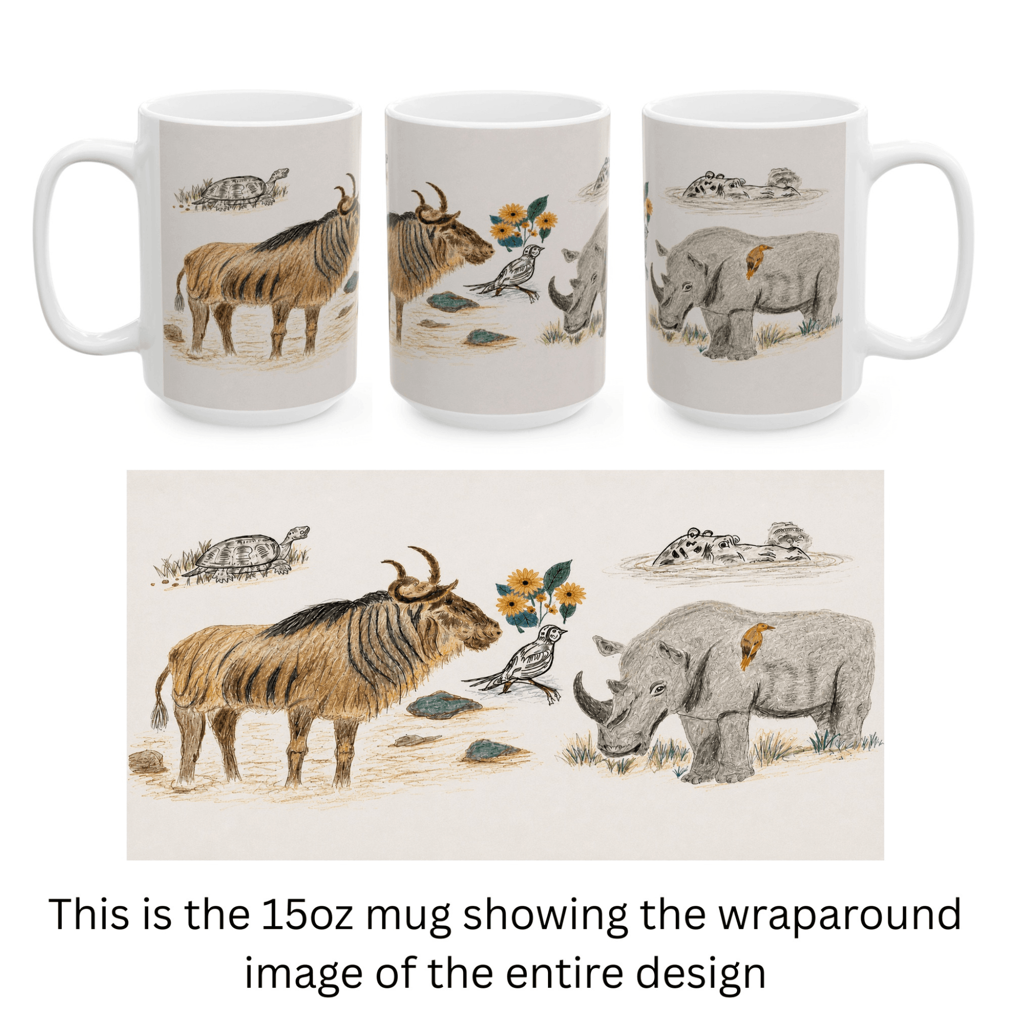 PimsArt Safari Rhino and Wildebeest Mug From Original Drawing