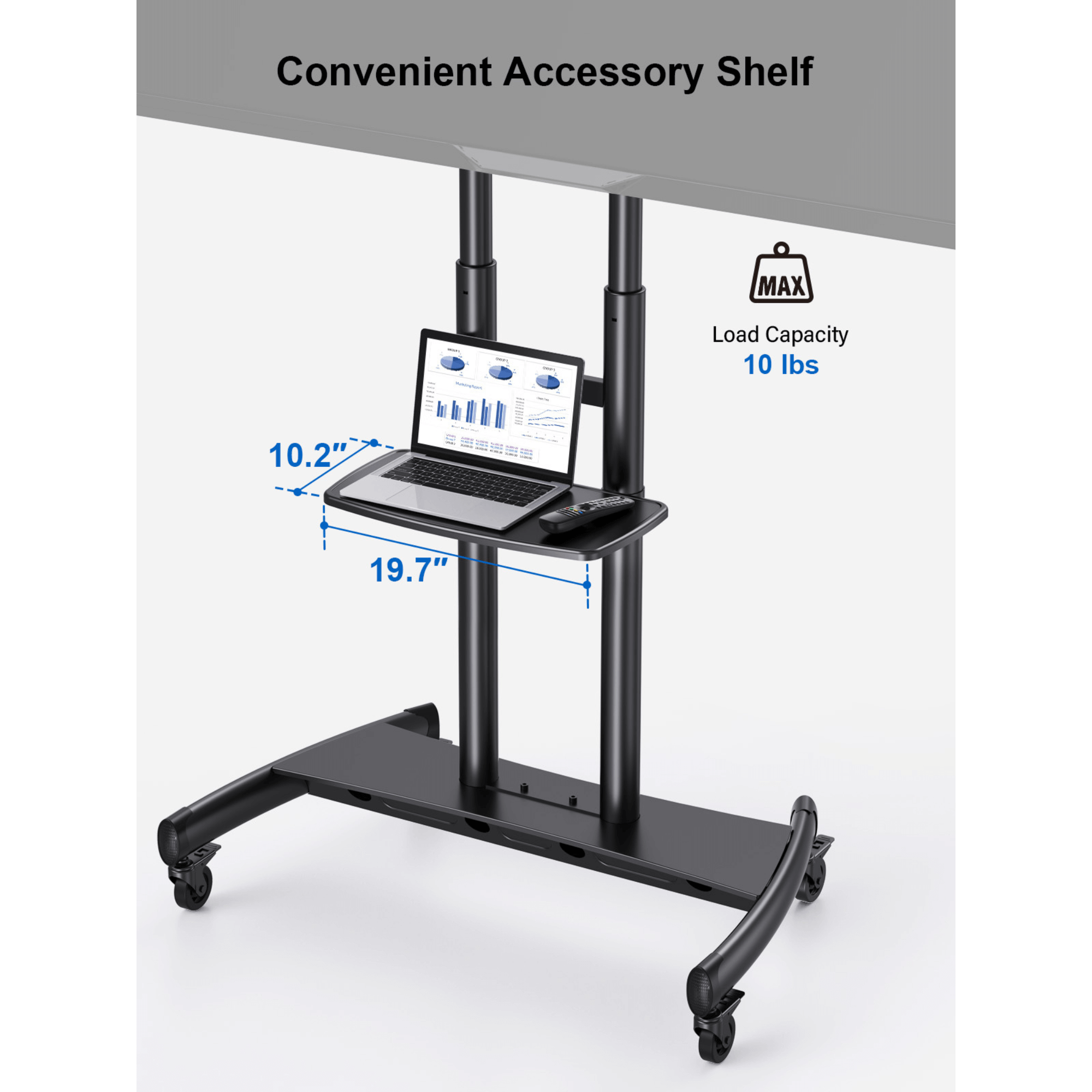 ErgoAV Movable Height-Adjustable Cart with Camera Shelf for TVs 49" to 85"