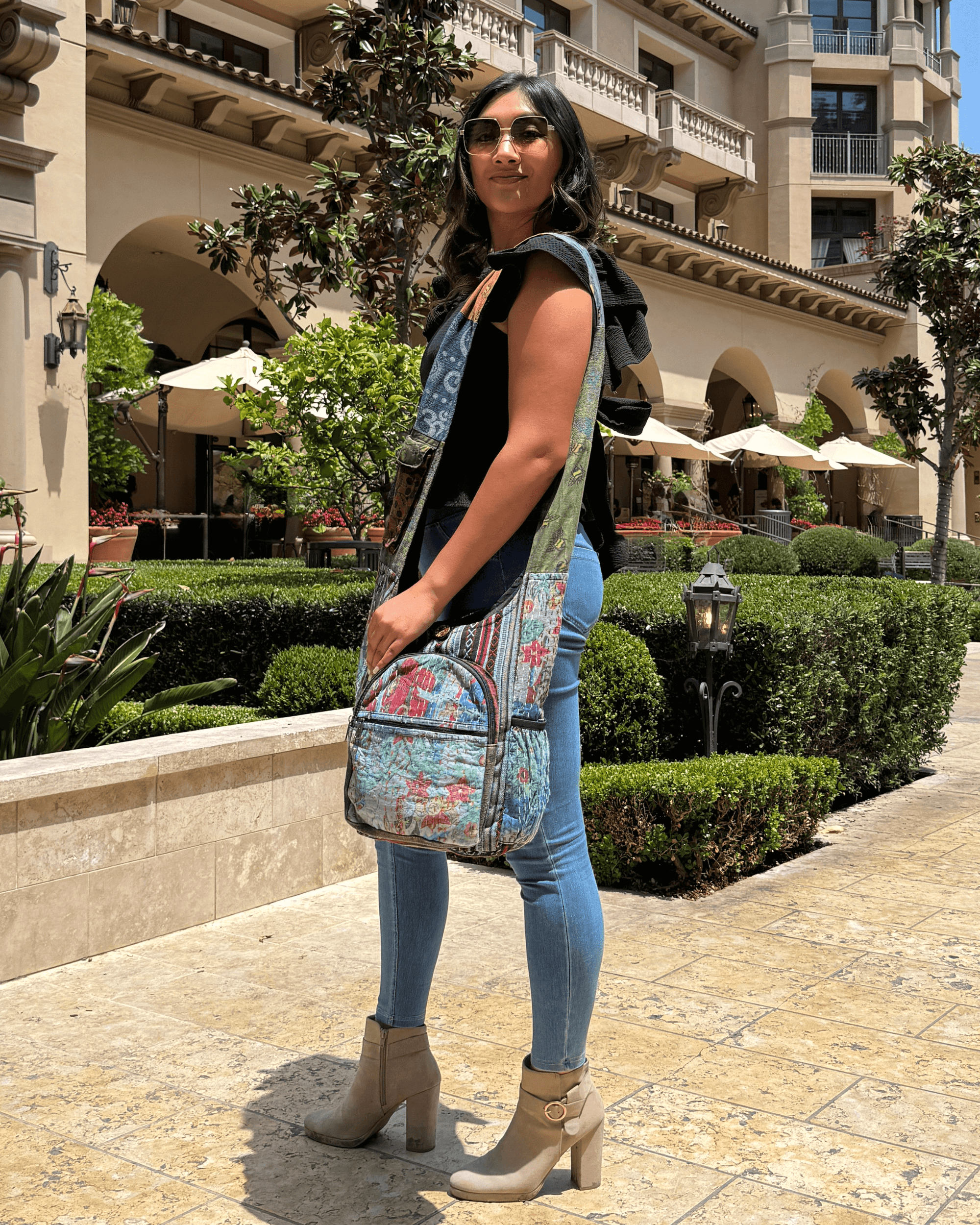 Kathmandu Collection Vintage Patchwork Hobo Bag with Water Bottle Pockets