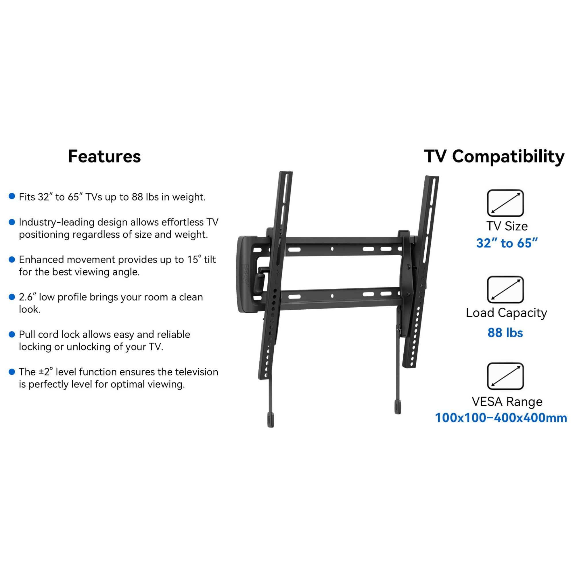 ErgoAV Medium Tilt TV Mount with Level Adjust for 32" to 65" TVs
