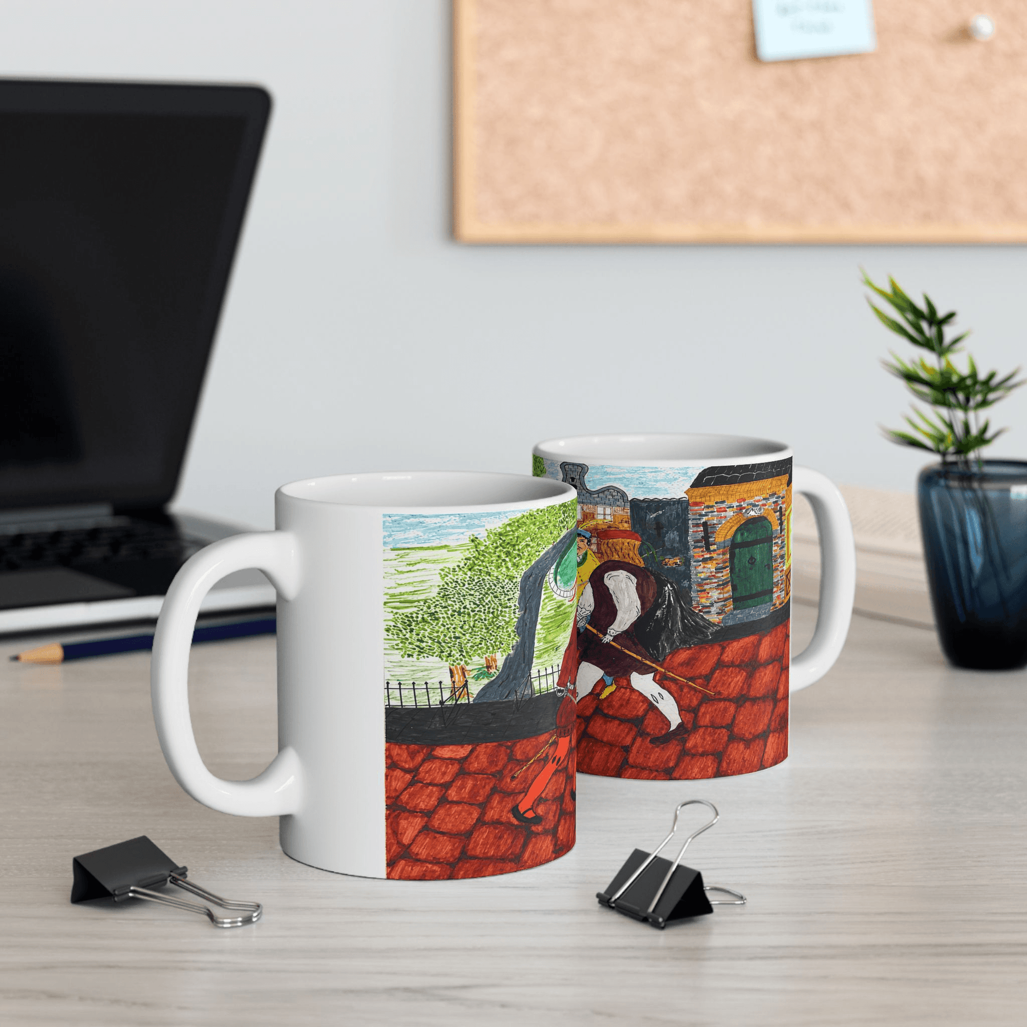 PimsArt Medieval Street Scene Dueling Swordsmen Mug From Original Painting