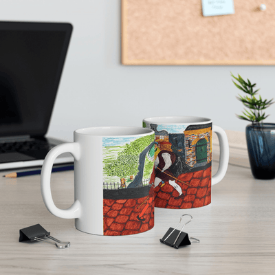 PimsArt Medieval Street Scene Dueling Swordsmen Mug From Original Painting