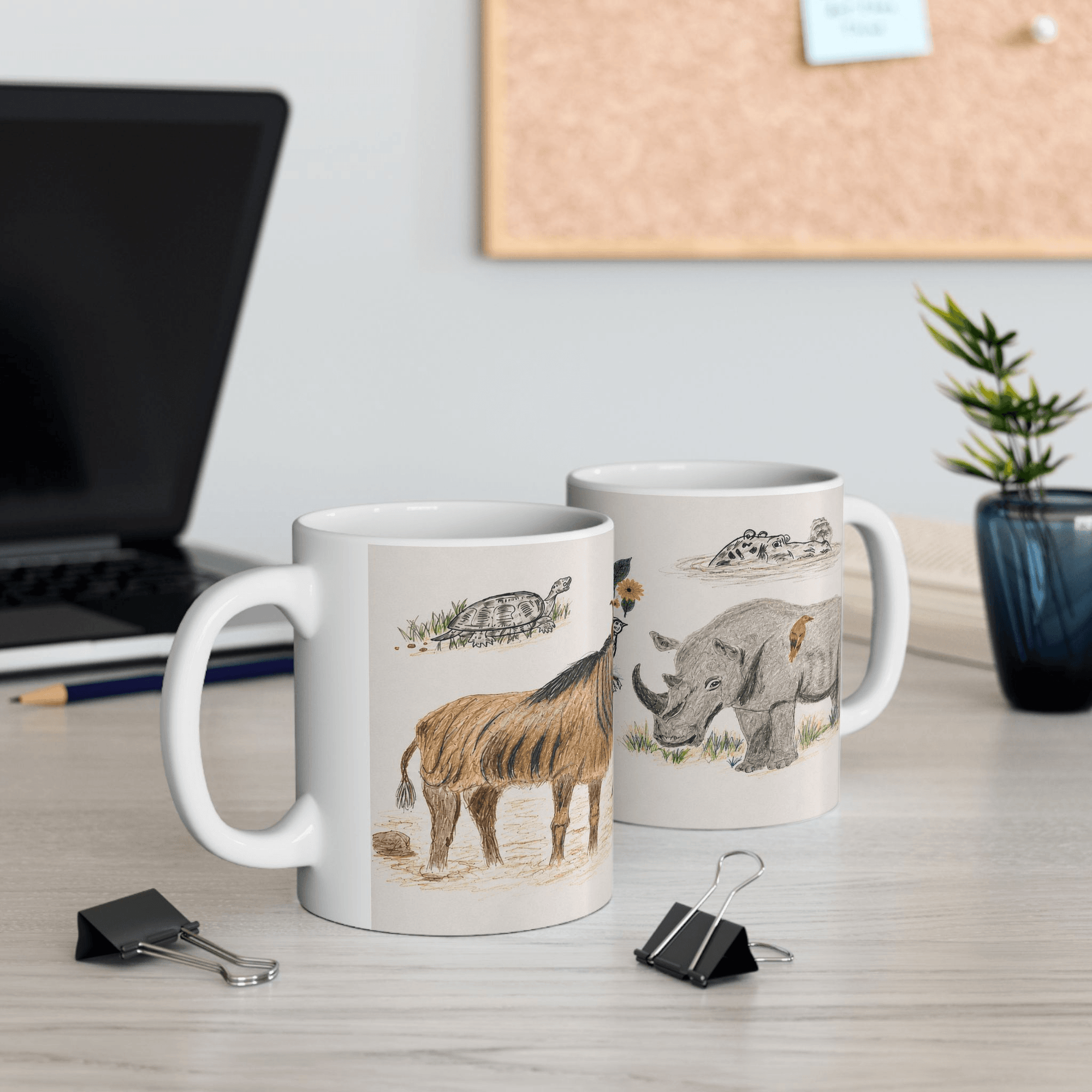 PimsArt Safari Rhino and Wildebeest Mug From Original Drawing