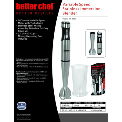 Better Chef 260W Variable Speed Stainless Steel Immersion Blender with Cup