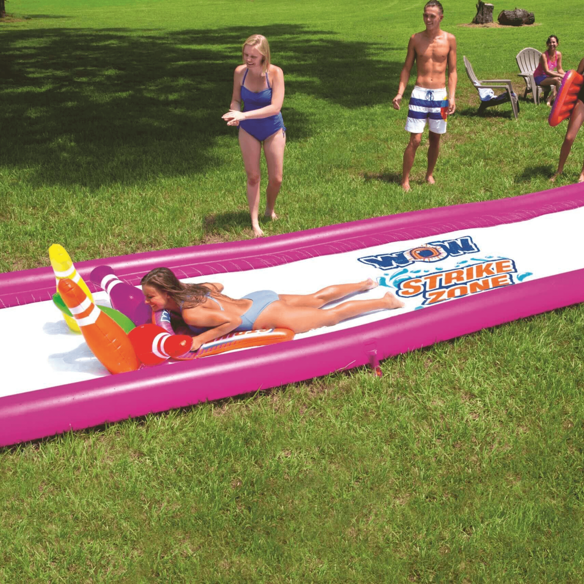 WOW Watersports Strike Zone Water Slide w 6 Giant Inflatable Bowling Pins and Sprinkler