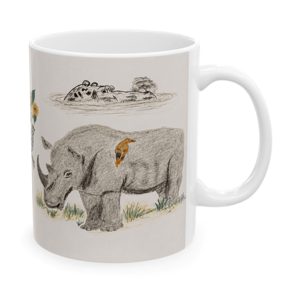 PimsArt Safari Rhino and Wildebeest Mug From Original Drawing