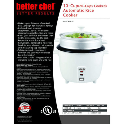 Better Chef 10-Cup - 20-Cup Cooked - Non-Stick Rice Cooker with Steamer Attachment