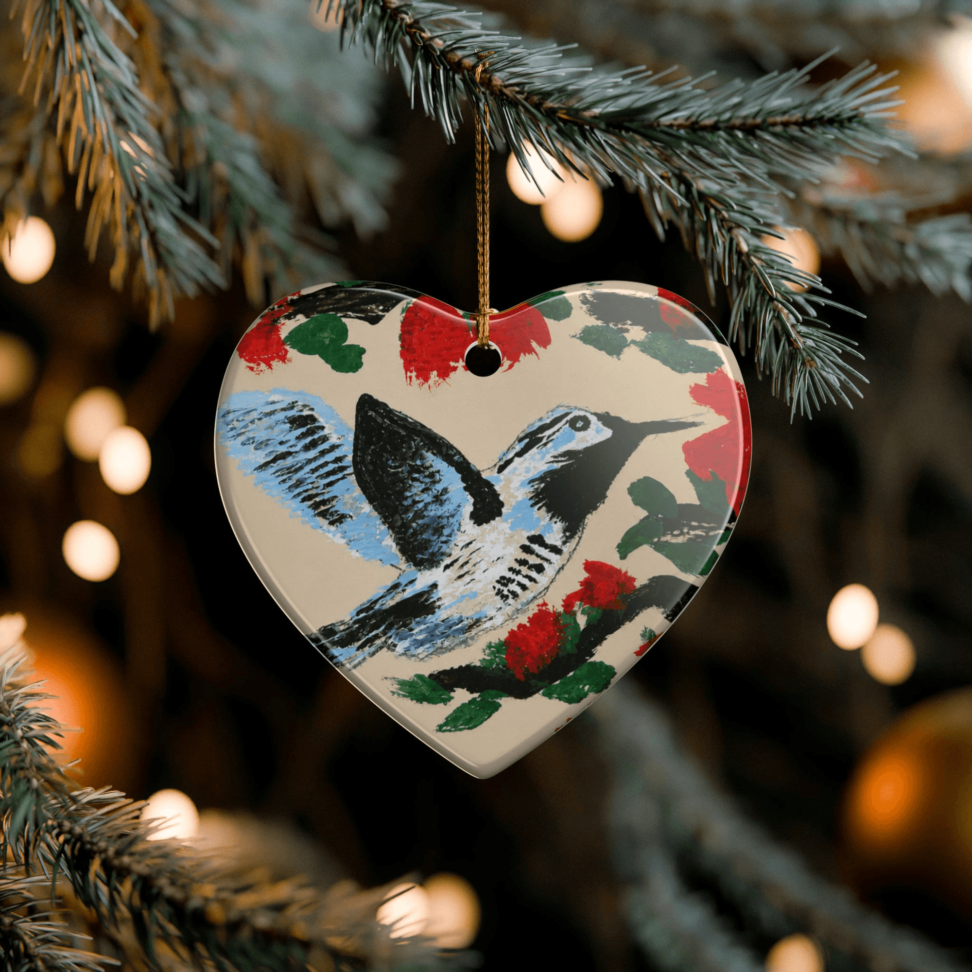 PimsArt Hummingbird Blossom Heart Christmas Ornament From Original Painting