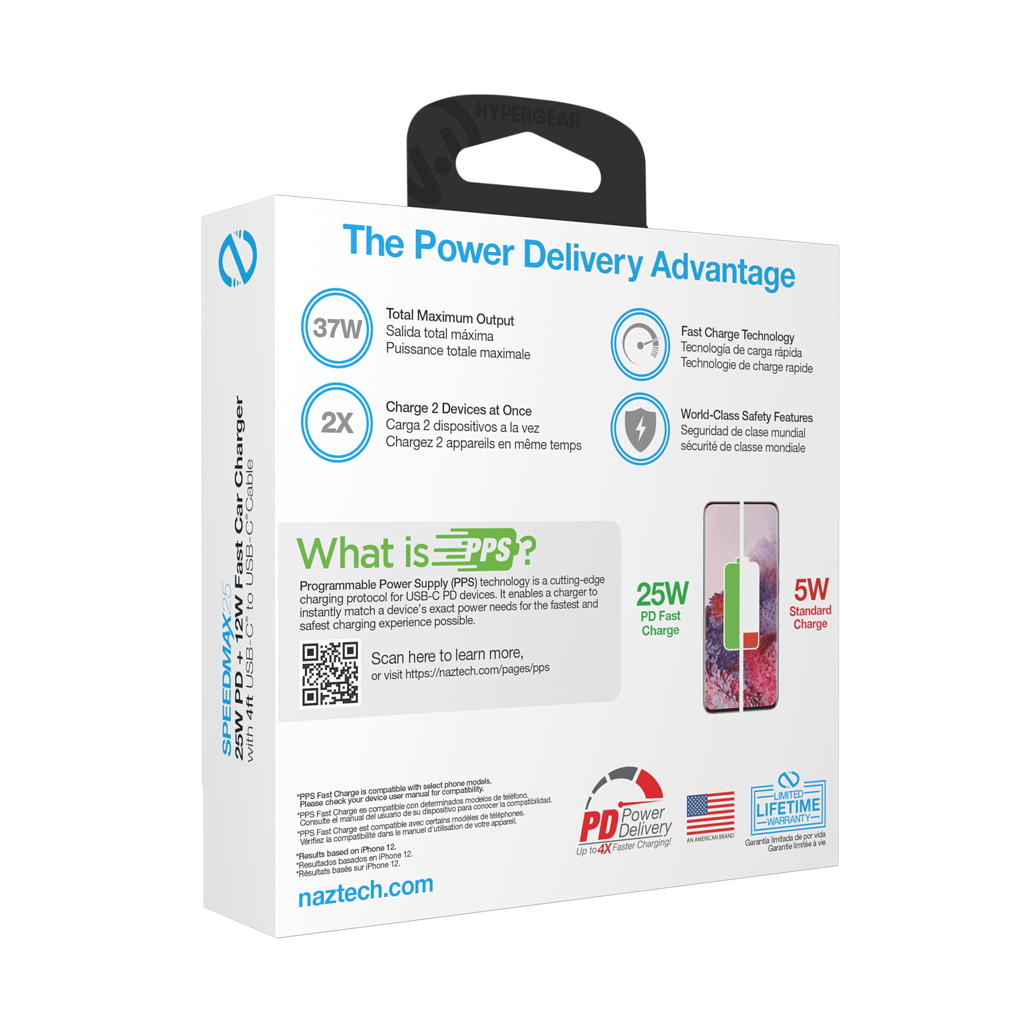 Naztech N420 PD25W+2.4A  Car Charger + C - C Cable 4Ft