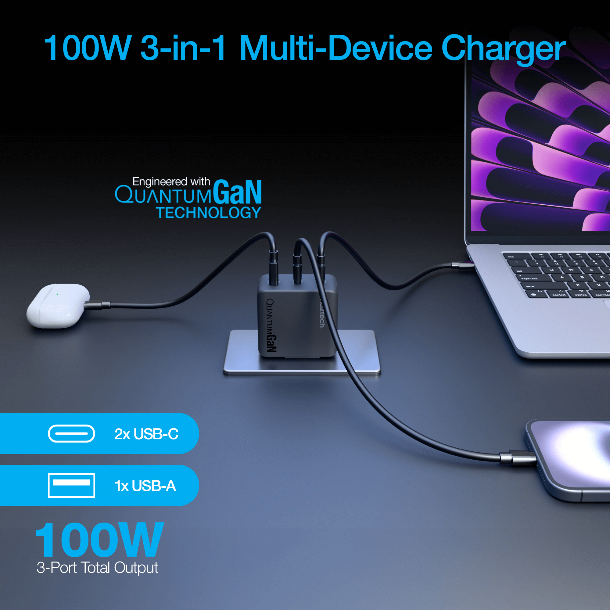 Naztech Nexus T100 100W USB-C PD + USB 3-Port GaN Ultra-Fast Wall Charger with PPS